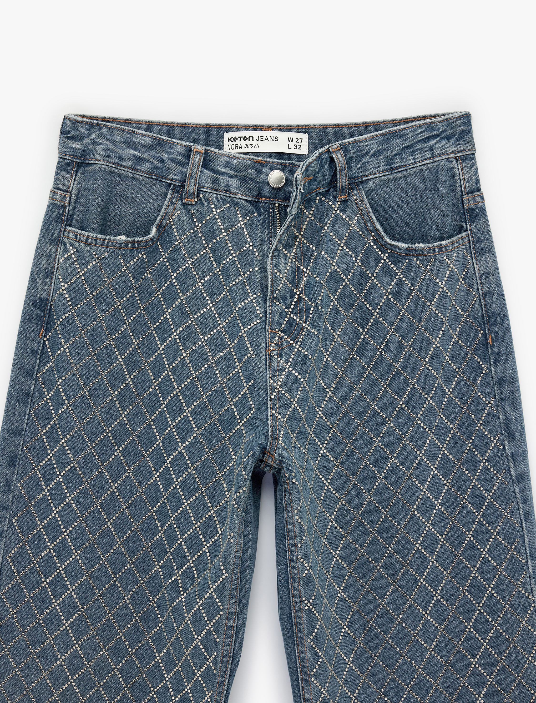   Cepli Uzun Düz Paça Taşlı Jean Pantolon - Straight Fit 90's Jeans