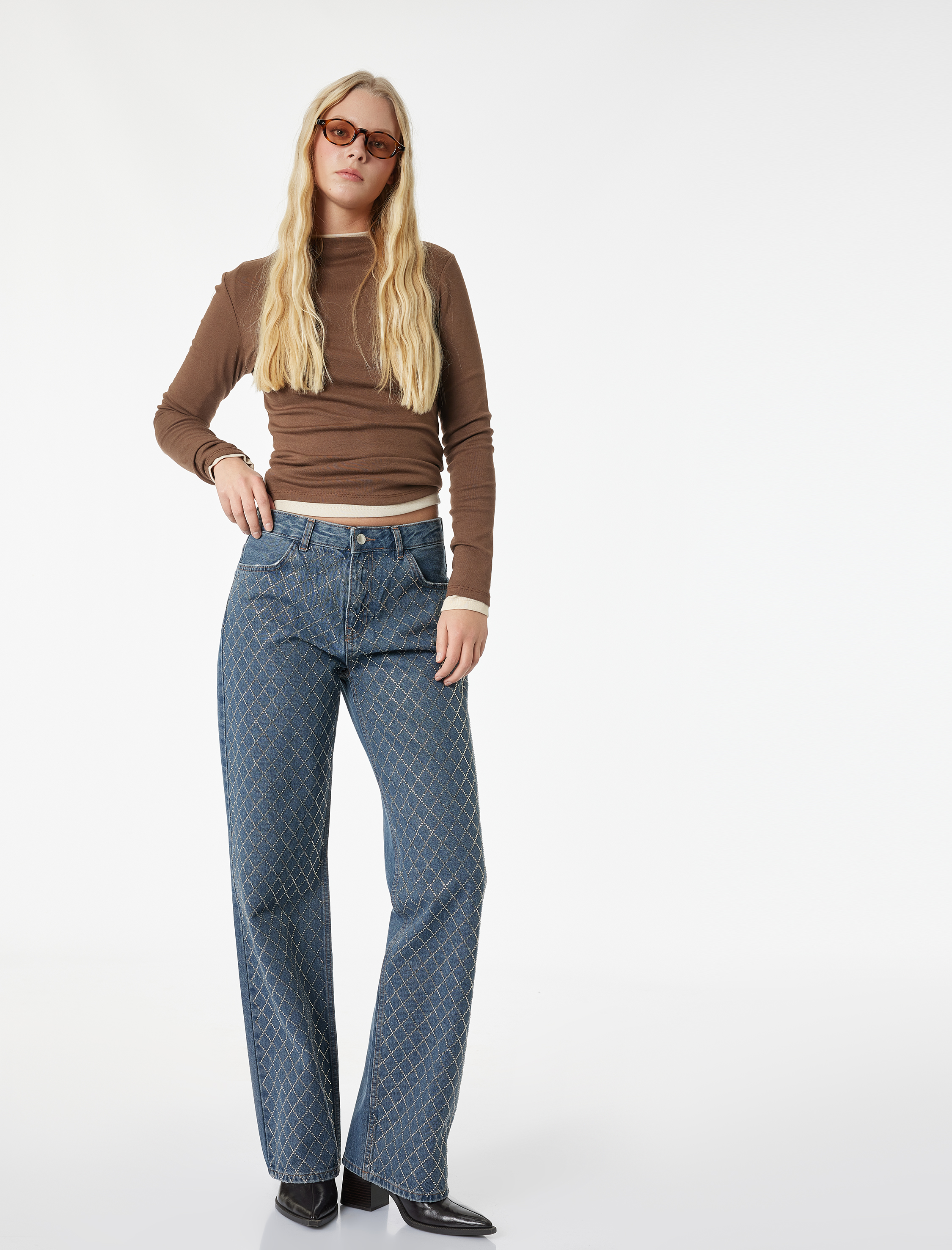   Cepli Uzun Düz Paça Taşlı Jean Pantolon - Straight Fit 90's Jeans