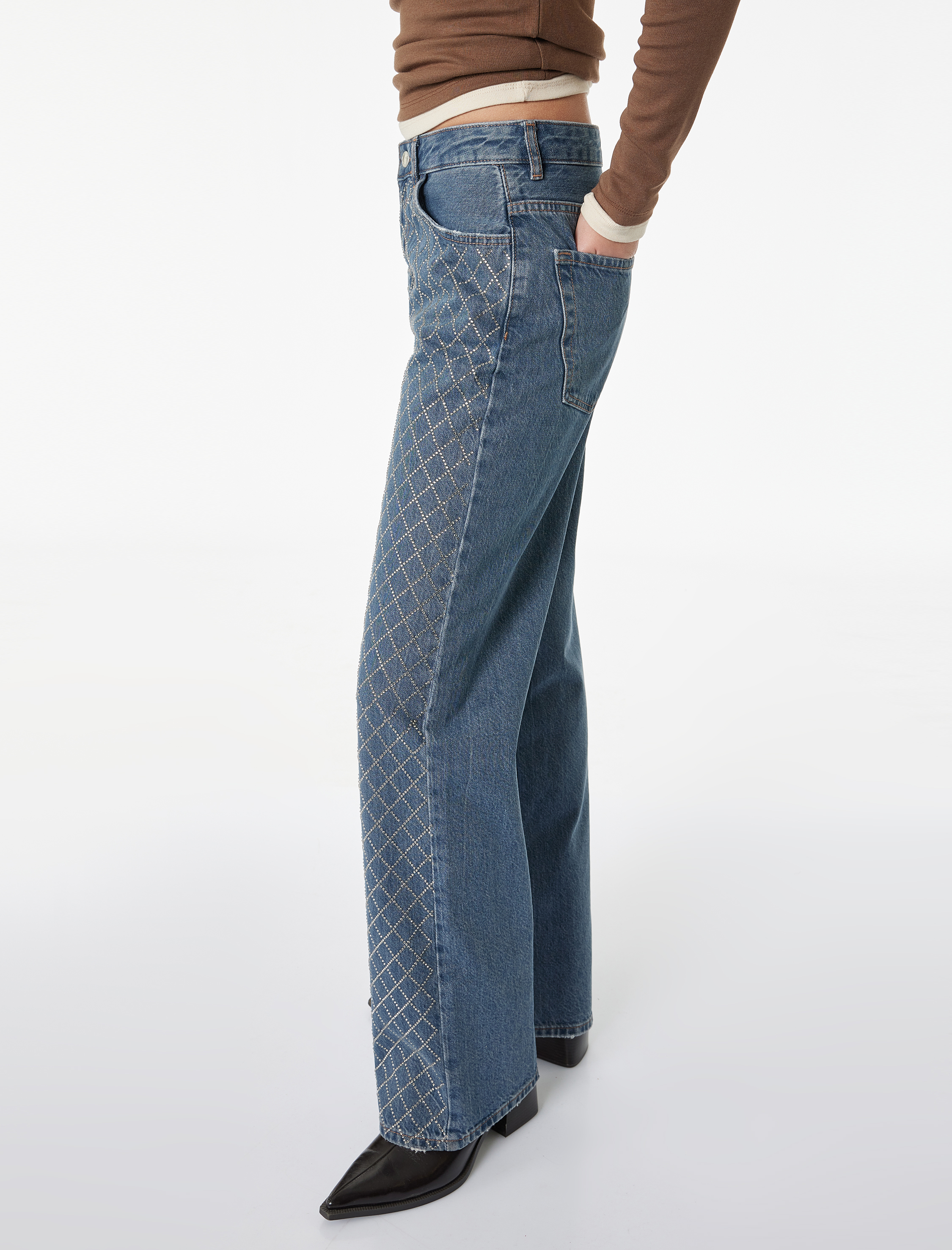   Cepli Uzun Düz Paça Taşlı Jean Pantolon - Straight Fit 90's Jeans