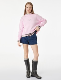 Bisiklet Yaka Uzun Kollu İşlemeli Örgü Triko Kazak