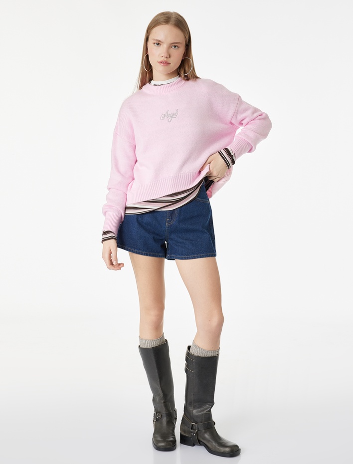  Bisiklet Yaka Uzun Kollu İşlemeli Örgü Triko Kazak