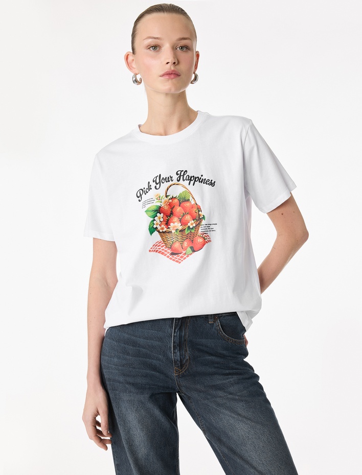  Regular Fit Kısa Kollu Bisiklet Yaka Pamuklu Baskılı Tişört