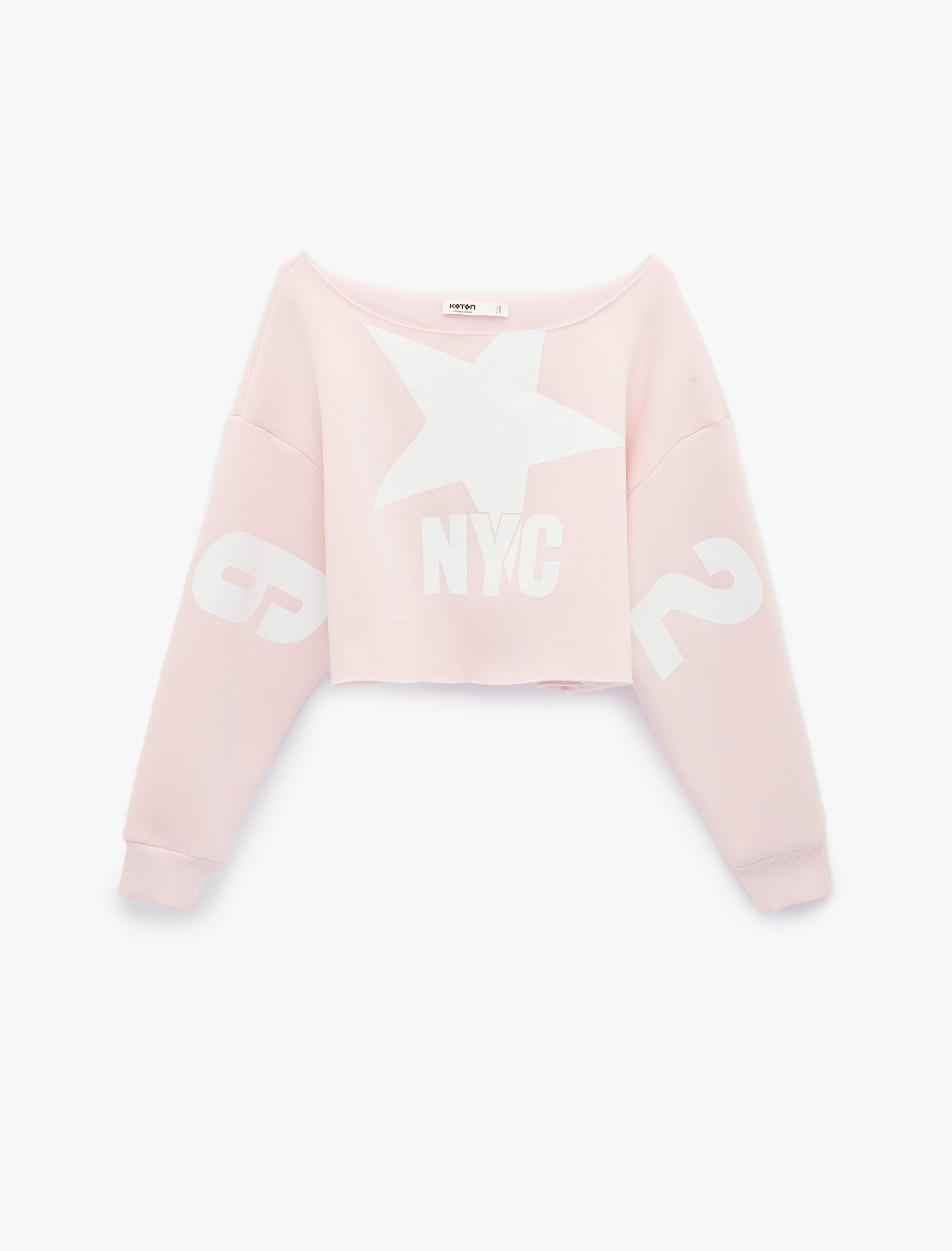  Kayık Yaka Uzun Kollu Baskılı Oversize Crop Sweatshirt