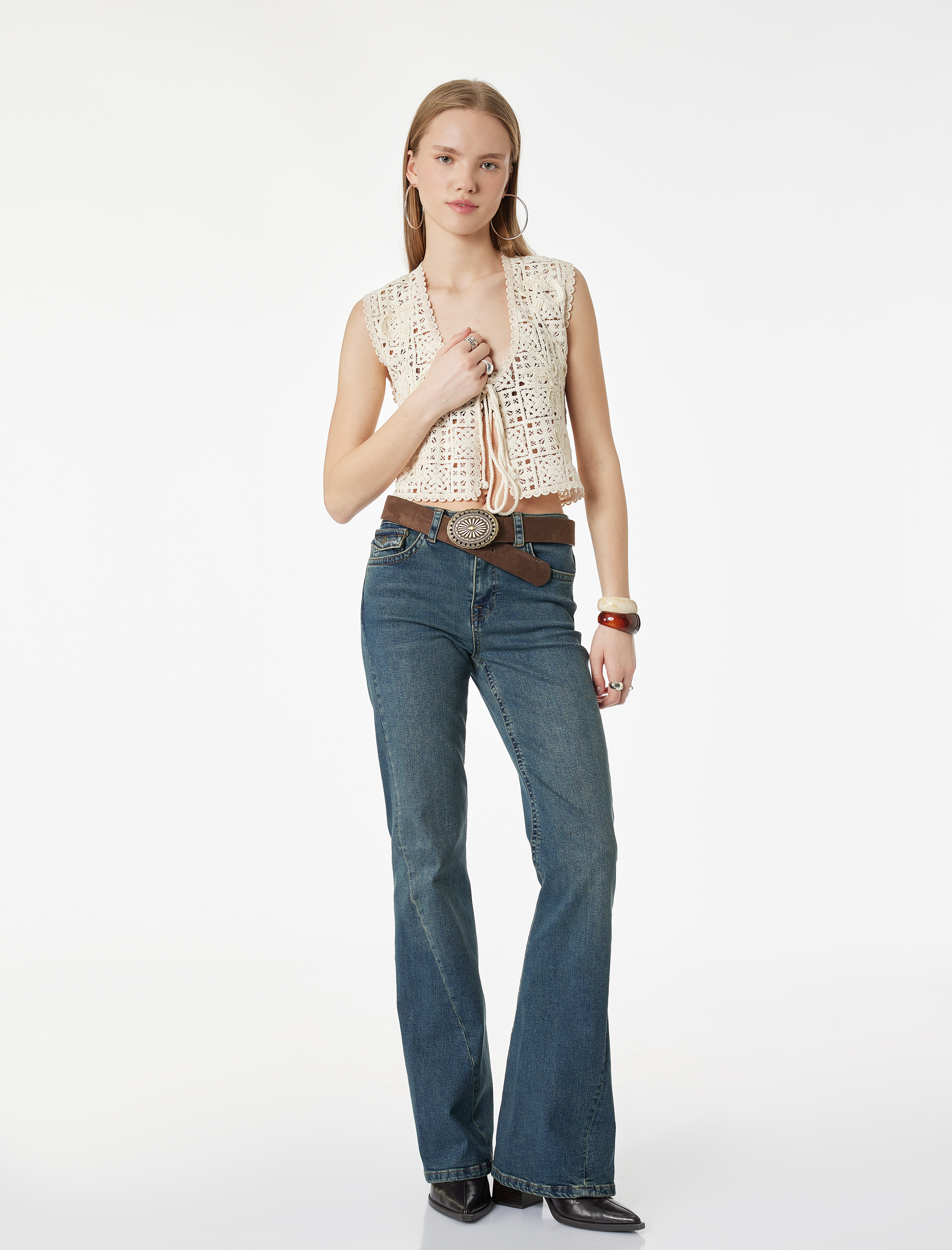   Düğmeli Cepli Slim Fit Düşük Bel İspanyol Paça Jean Pantolon - Flare Jeans