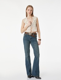 Düğmeli Cepli Slim Fit Düşük Bel İspanyol Paça Jean Pantolon - Flare Jeans