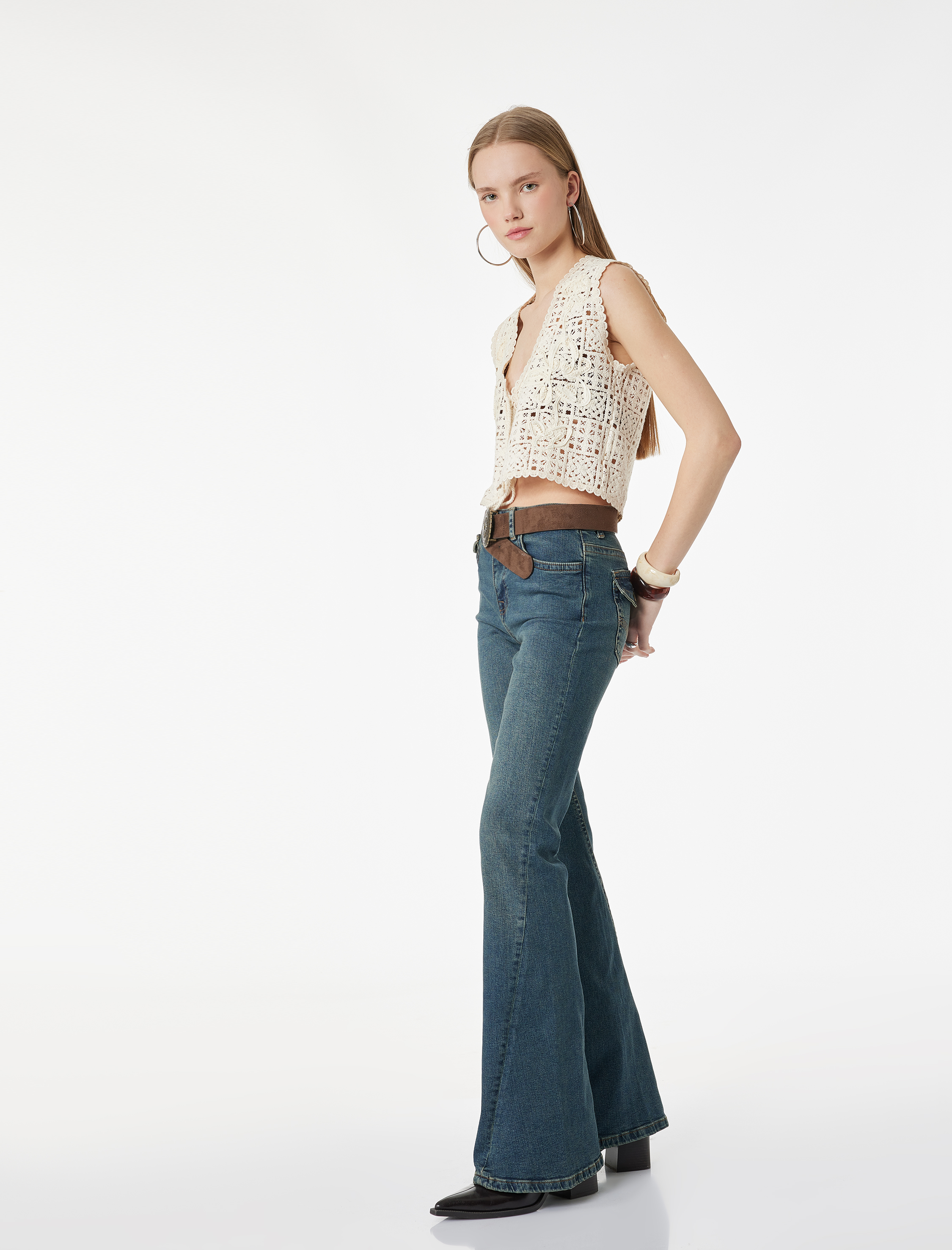   Düğmeli Cepli Slim Fit Düşük Bel İspanyol Paça Jean Pantolon - Flare Jeans