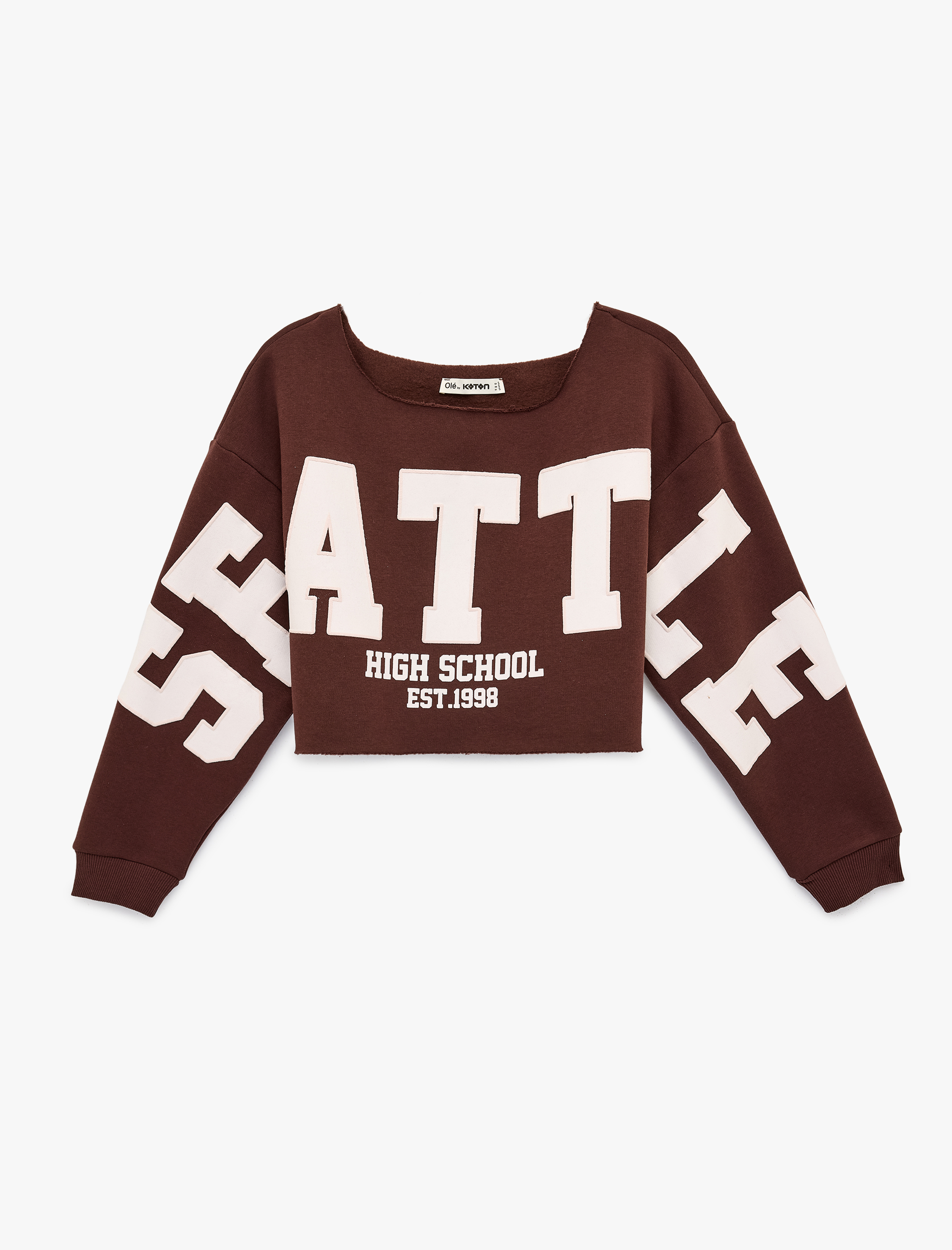   Uzun Kollu Kayık Yaka Baskılı Oversize Crop Sweatshirt