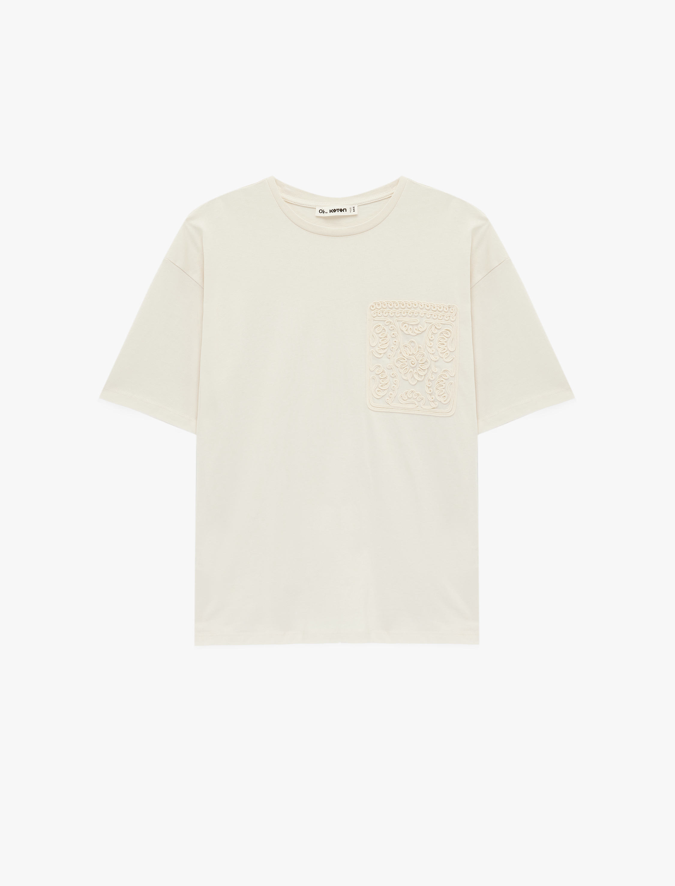   Nakış Detaylı Kısa Kollu Cepli Bisiklet Yaka Pamuklu Tişört