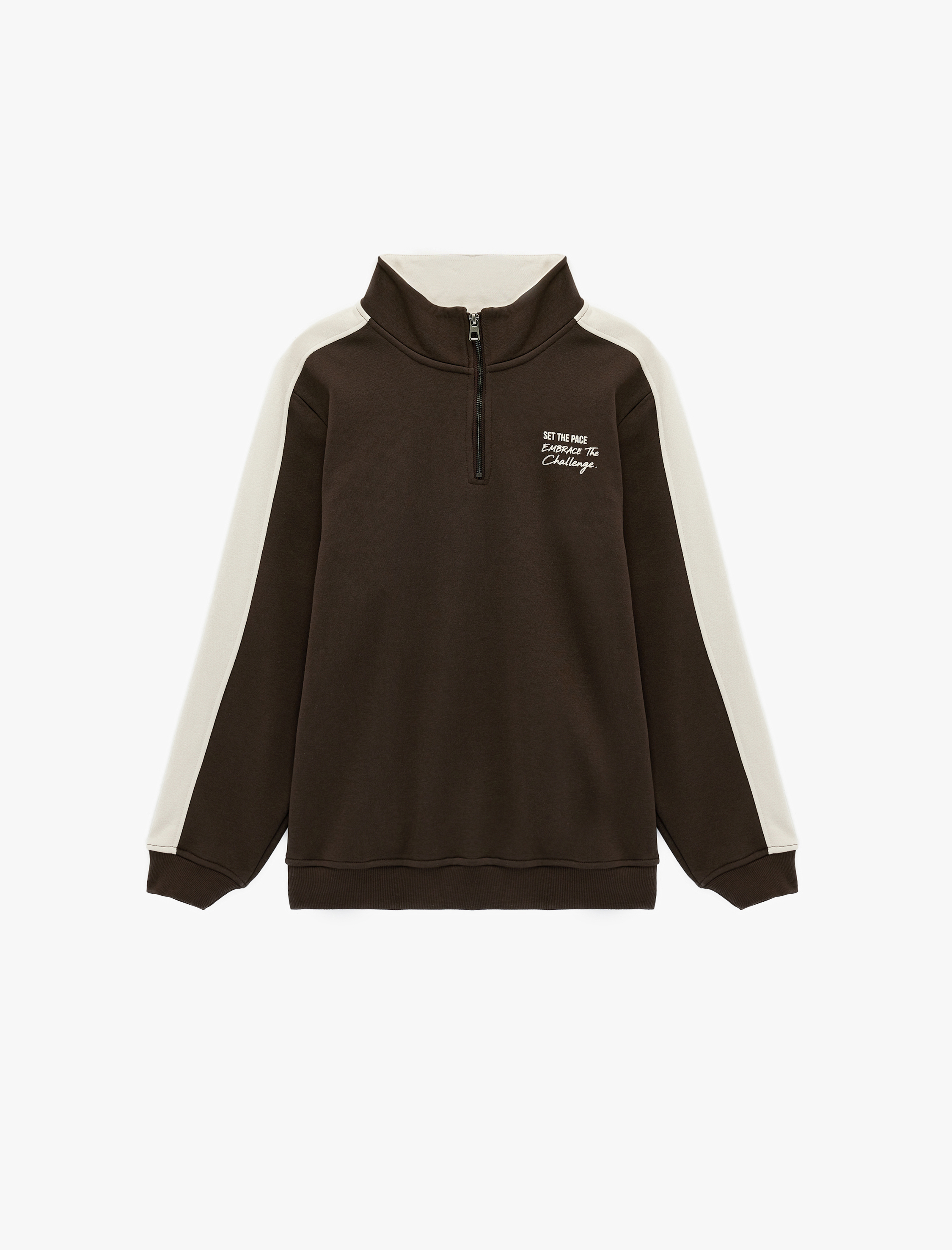   Regular Fit Uzun Kollu Şardonlu Renk Kontrastlı Baskılı Yarım Fermuarlı Sweatshirt