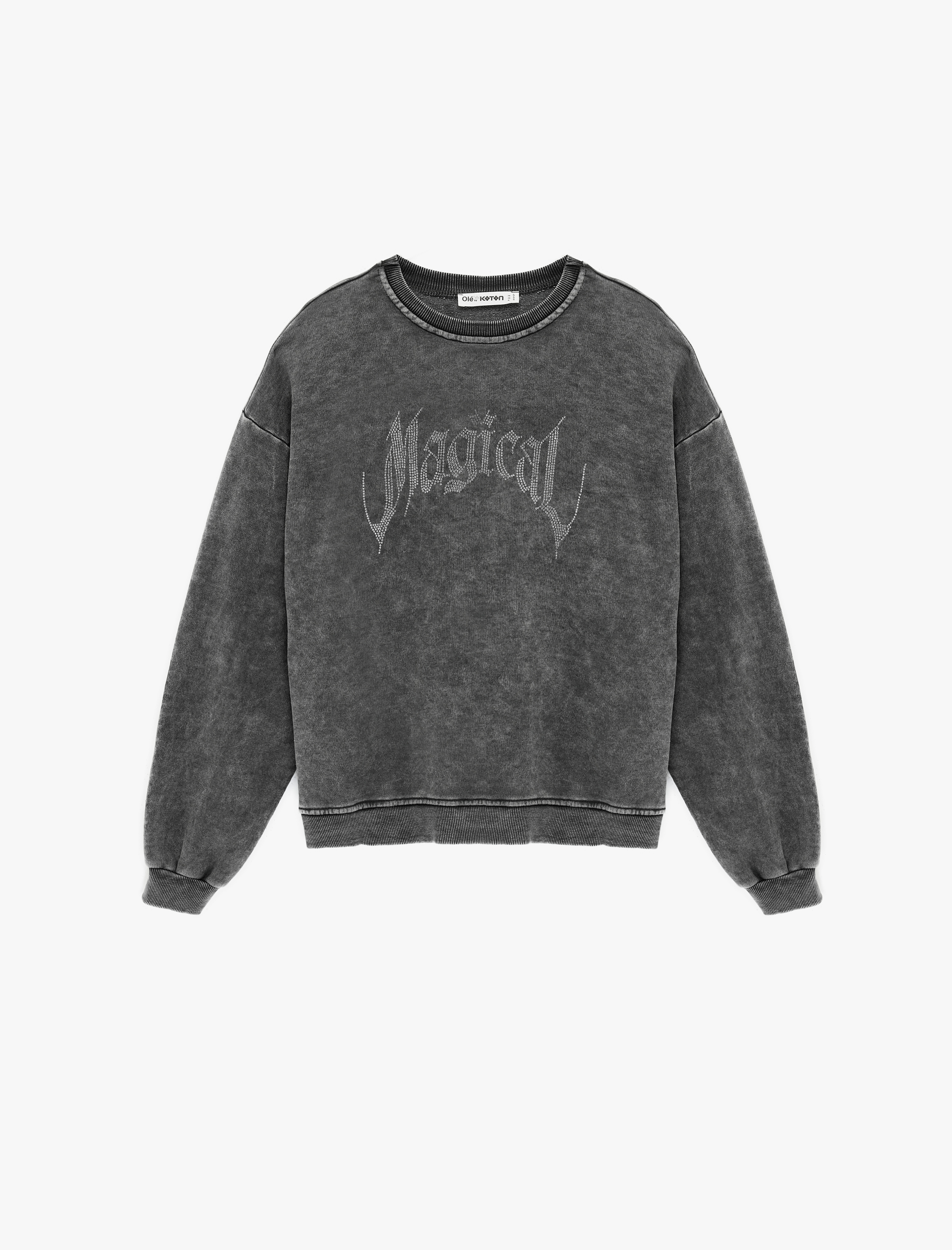  Yıkamalı Bisiklet Yaka Oversize Taşlı Sweatshirt