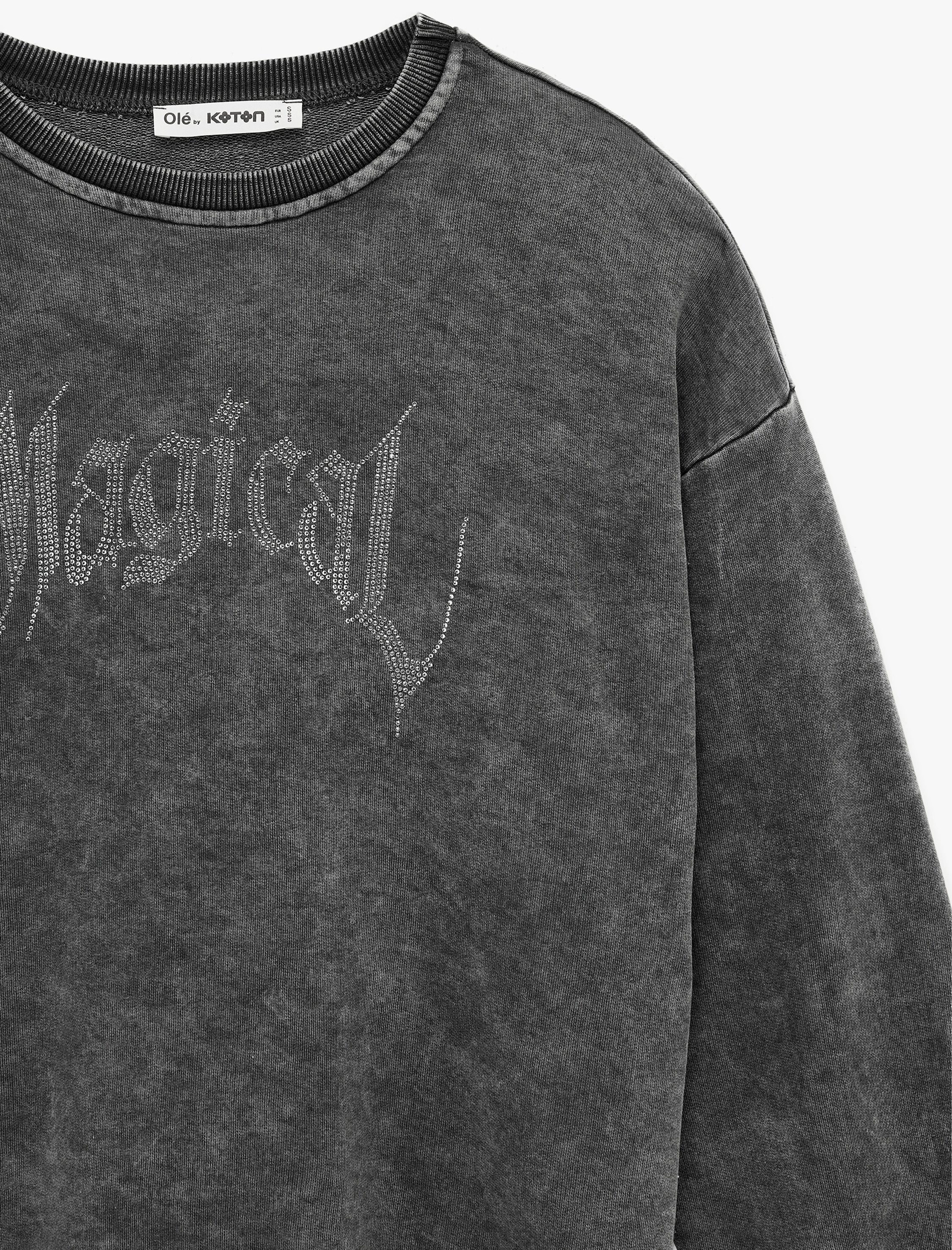   Yıkamalı Bisiklet Yaka Oversize Taşlı Sweatshirt