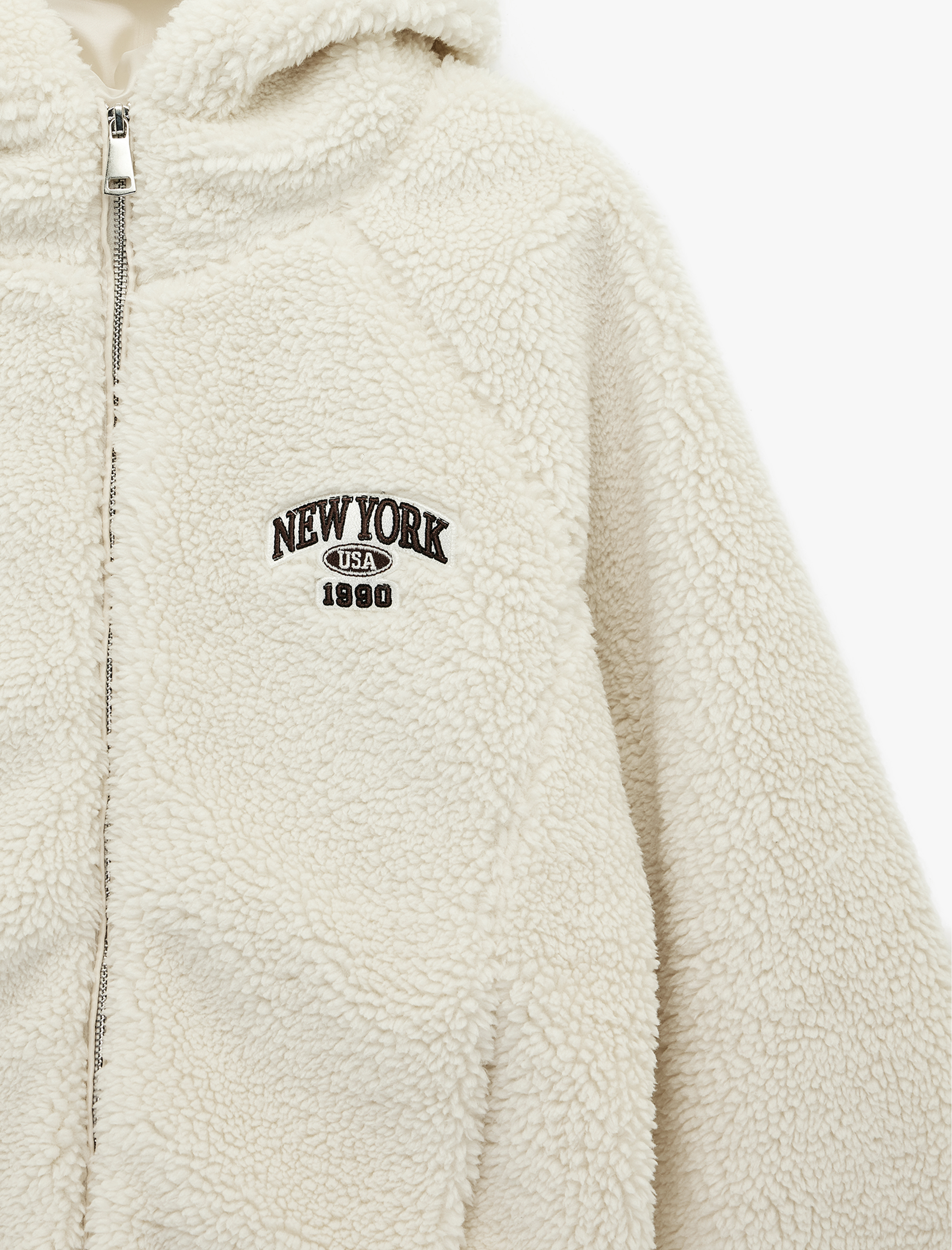   Uzun Kollu Kapüşonlu Fermuarlı Baskılı Oversize Peluş Ceket