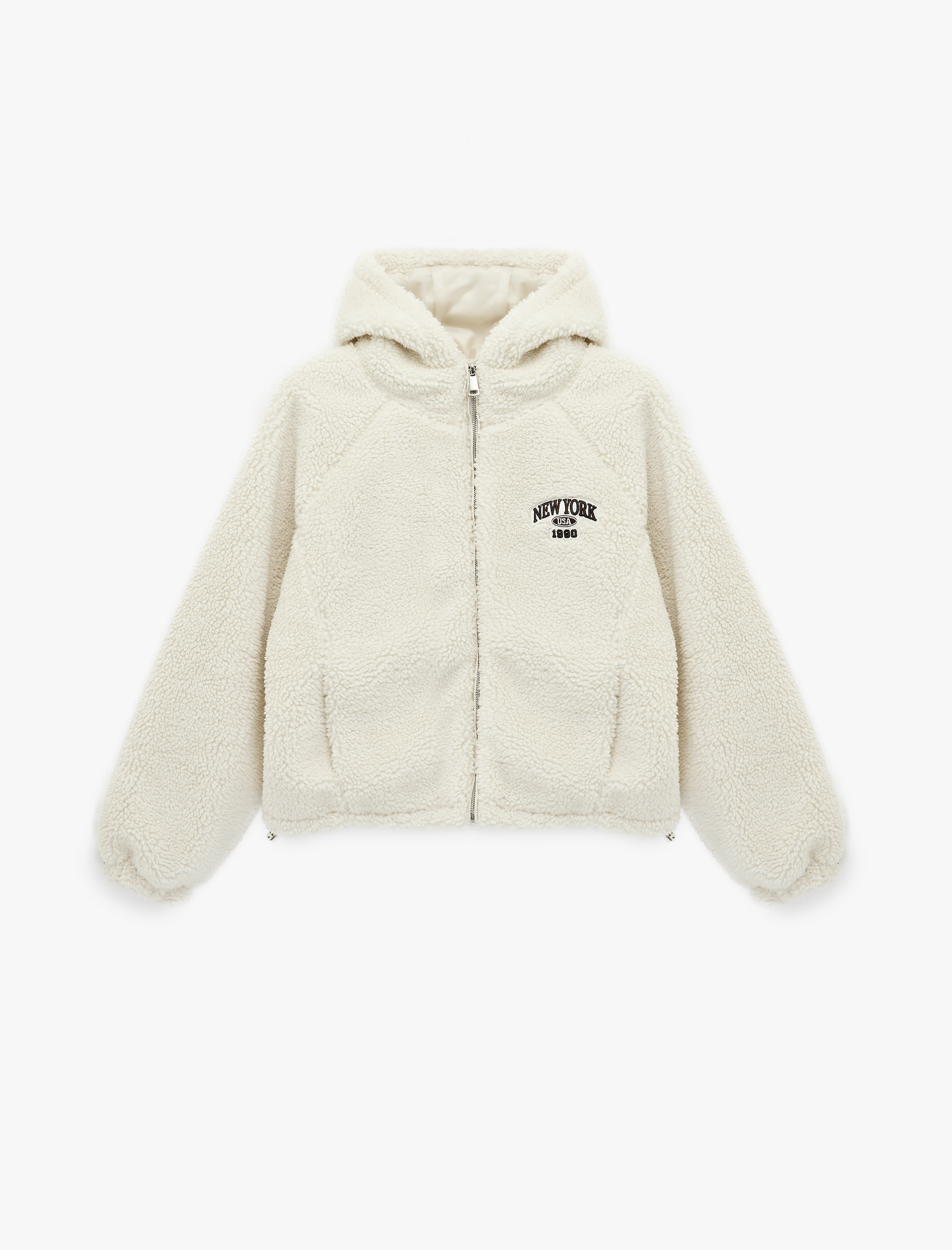   Uzun Kollu Kapüşonlu Fermuarlı Baskılı Oversize Peluş Ceket