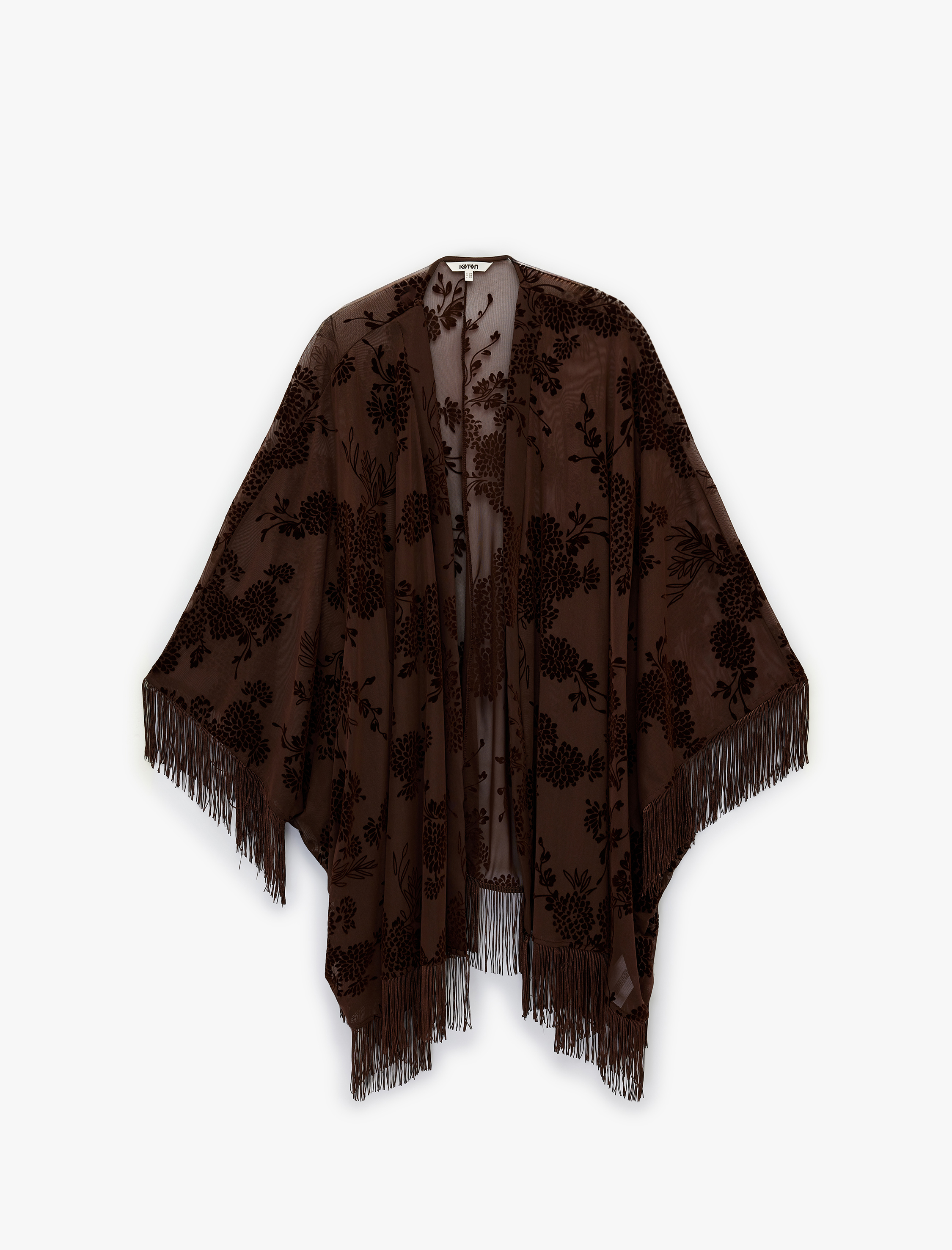   Püsküllü Uzun Yarasa Kollu Floral Desenli Transparan Tül Panço