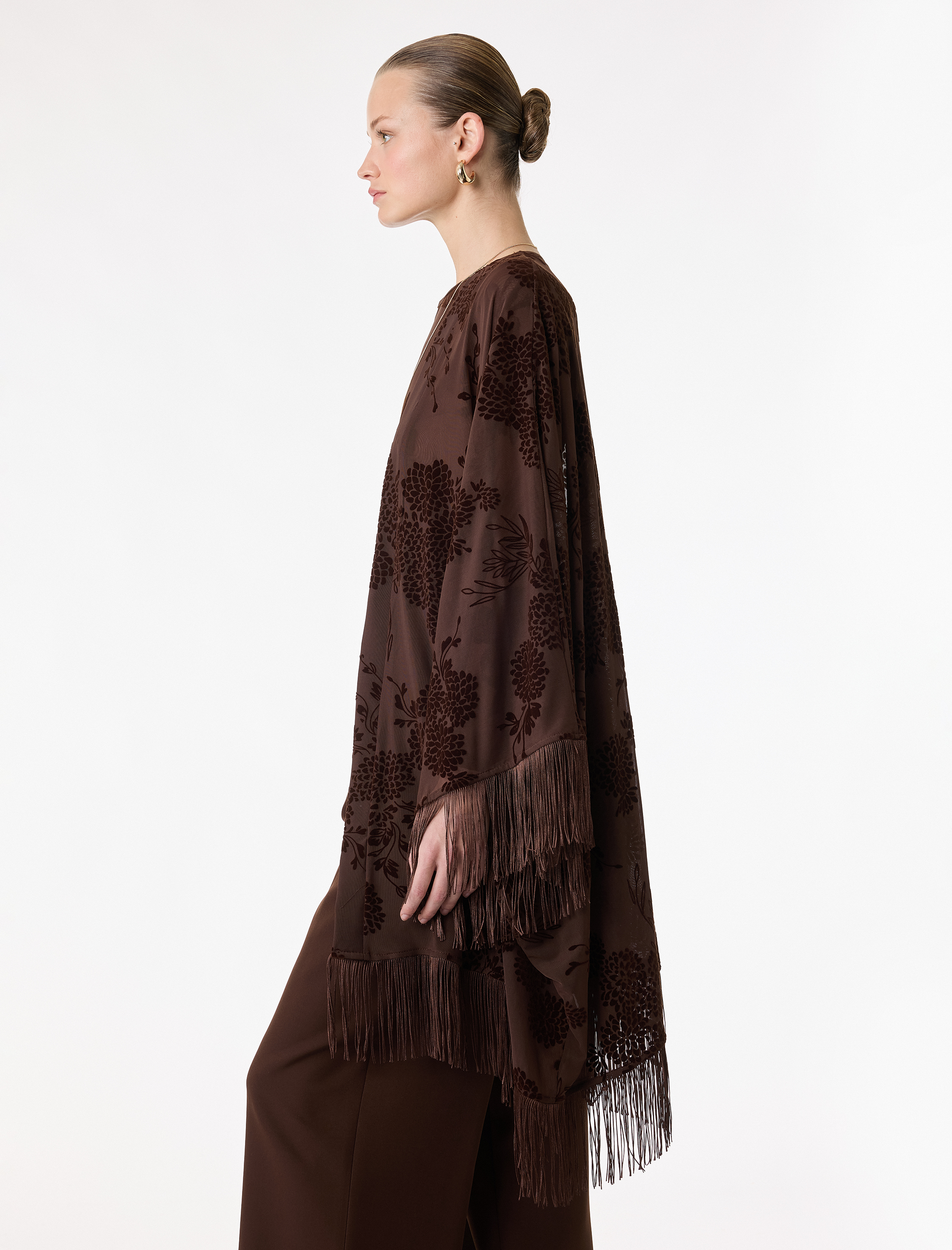   Püsküllü Uzun Yarasa Kollu Floral Desenli Transparan Tül Panço