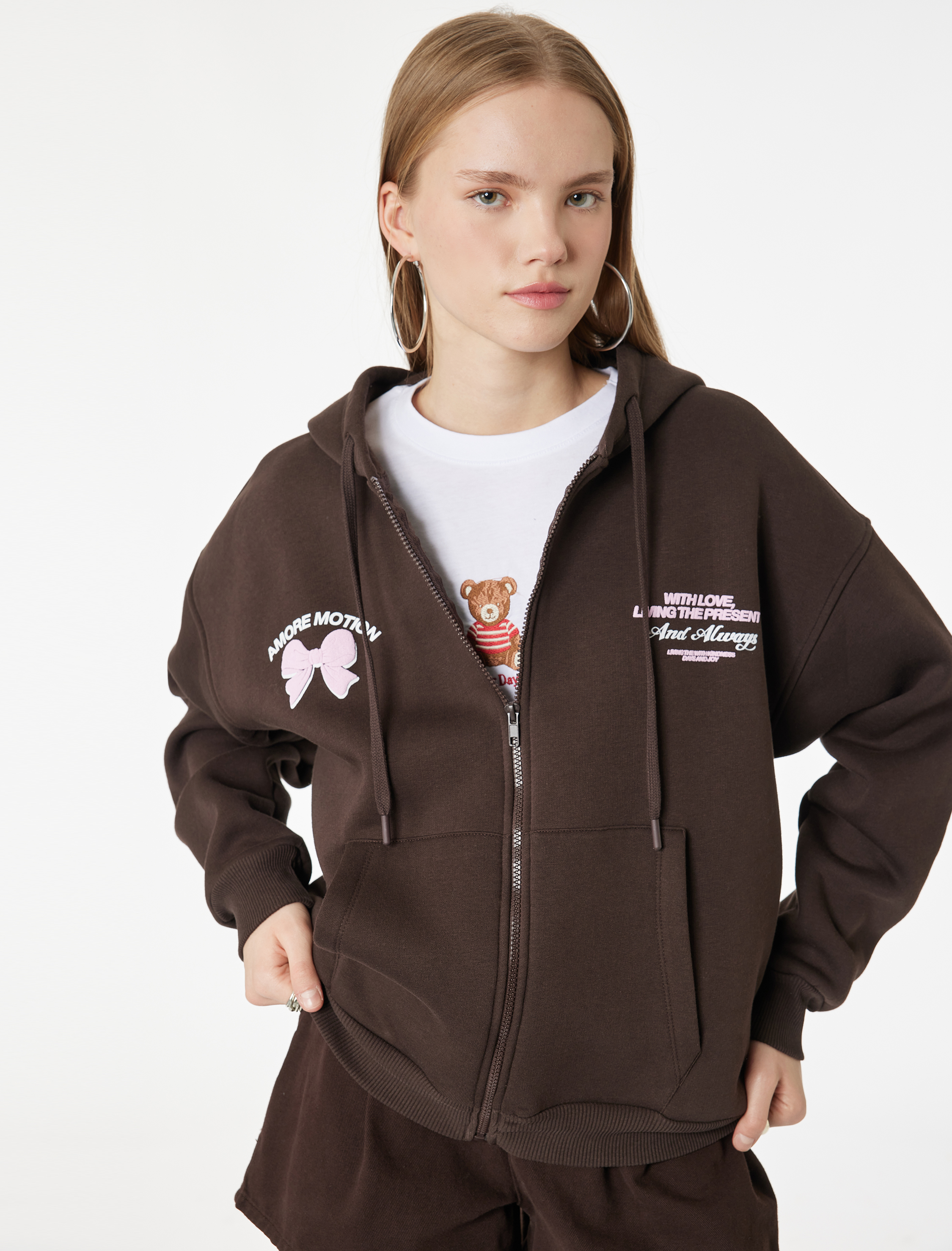   Arkası Baskılı Kapüşonlu Fermuarlı Cepli Oversize Sweatshirt