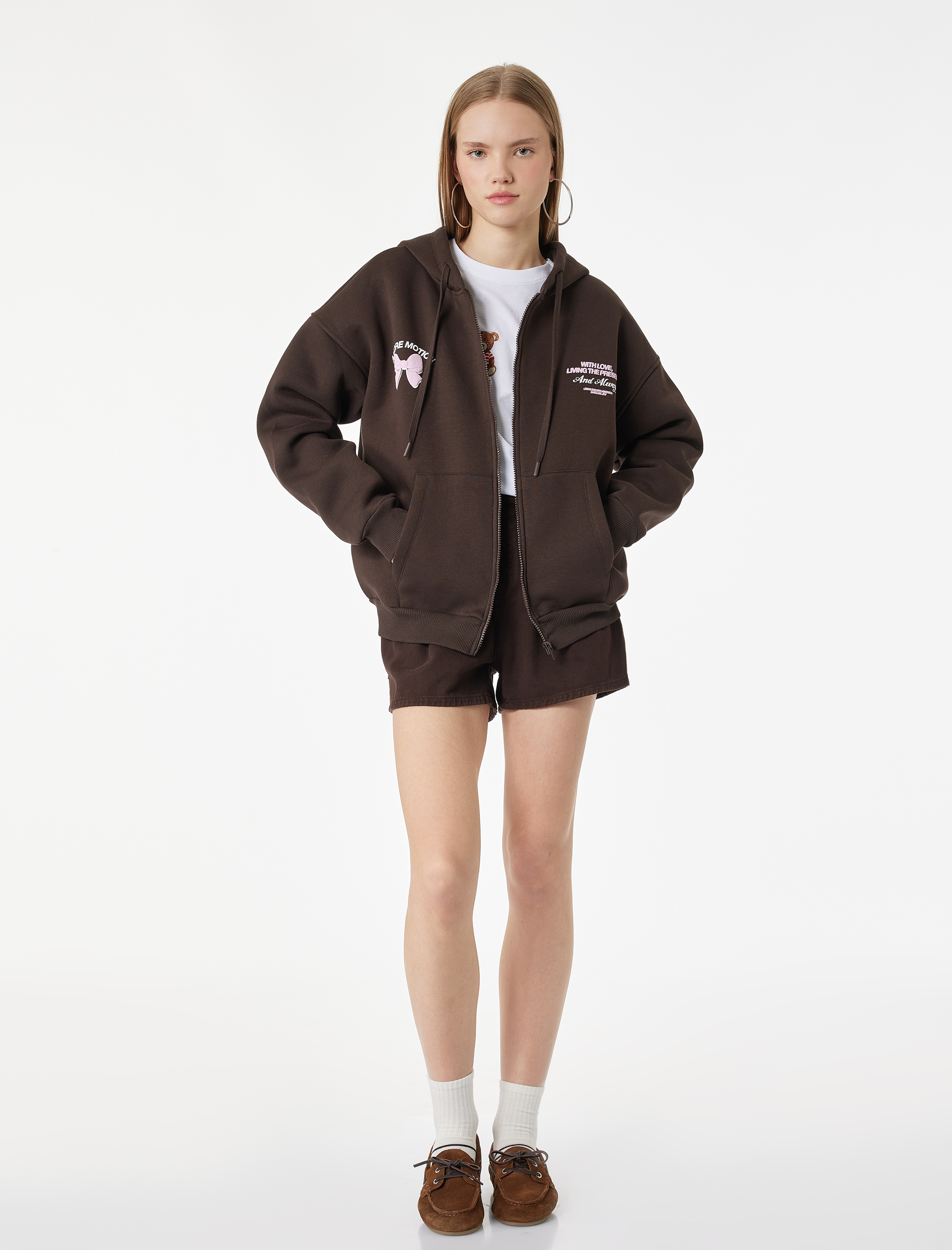   Arkası Baskılı Kapüşonlu Fermuarlı Cepli Oversize Sweatshirt