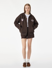 Arkası Baskılı Kapüşonlu Fermuarlı Cepli Oversize Sweatshirt