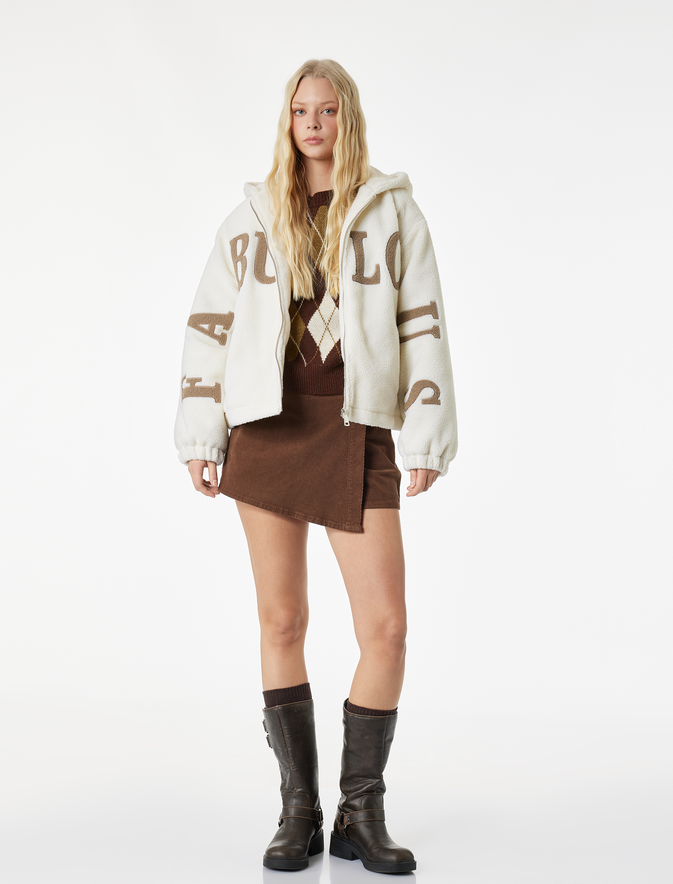   Kapüşonlu Baskılı Cepli Fermuarlı Oversize Peluş Ceket