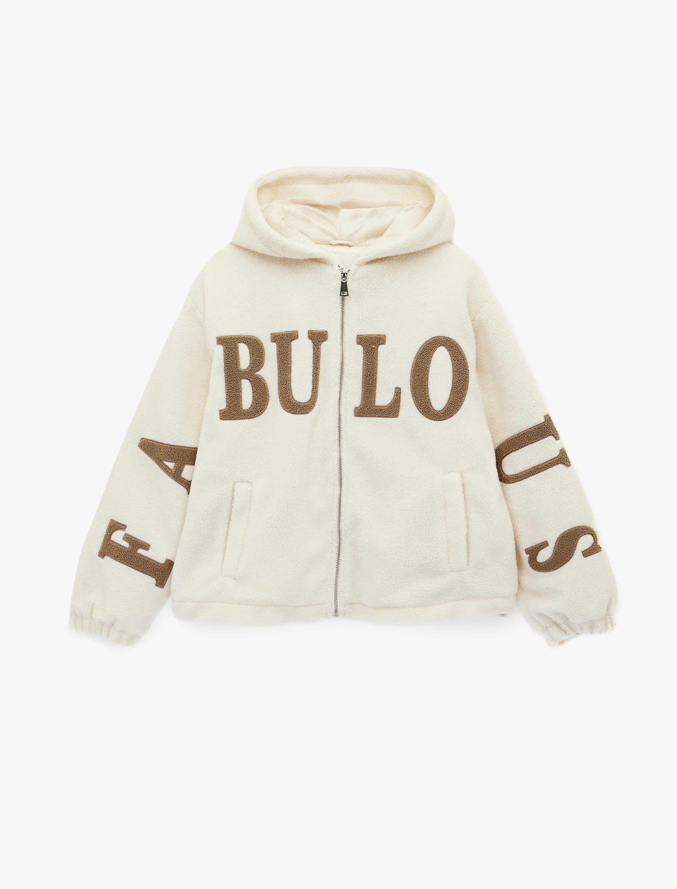   Kapüşonlu Baskılı Cepli Fermuarlı Oversize Peluş Ceket