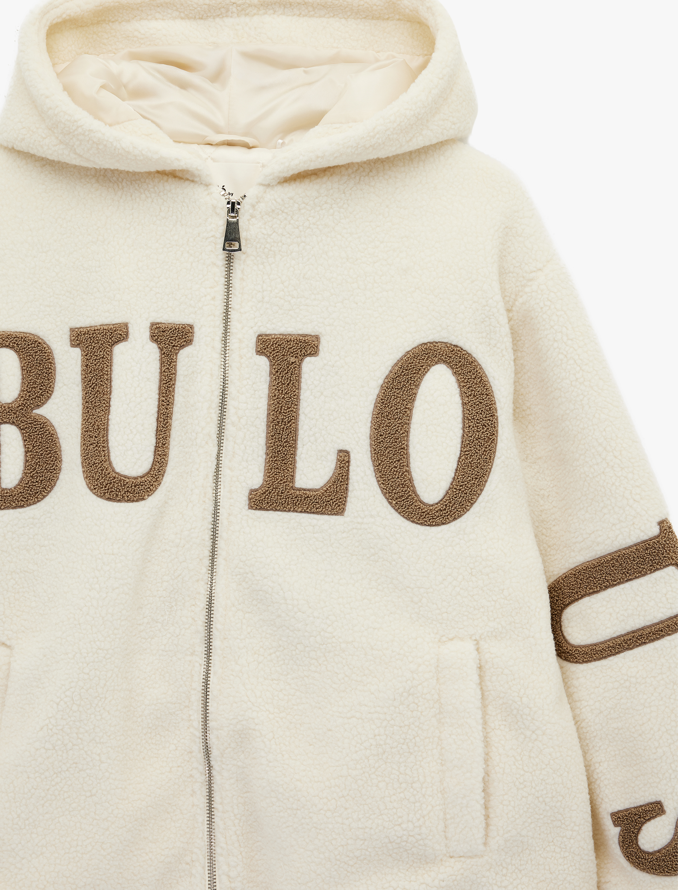   Kapüşonlu Baskılı Cepli Fermuarlı Oversize Peluş Ceket