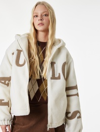 Kapüşonlu Baskılı Cepli Fermuarlı Oversize Peluş Ceket