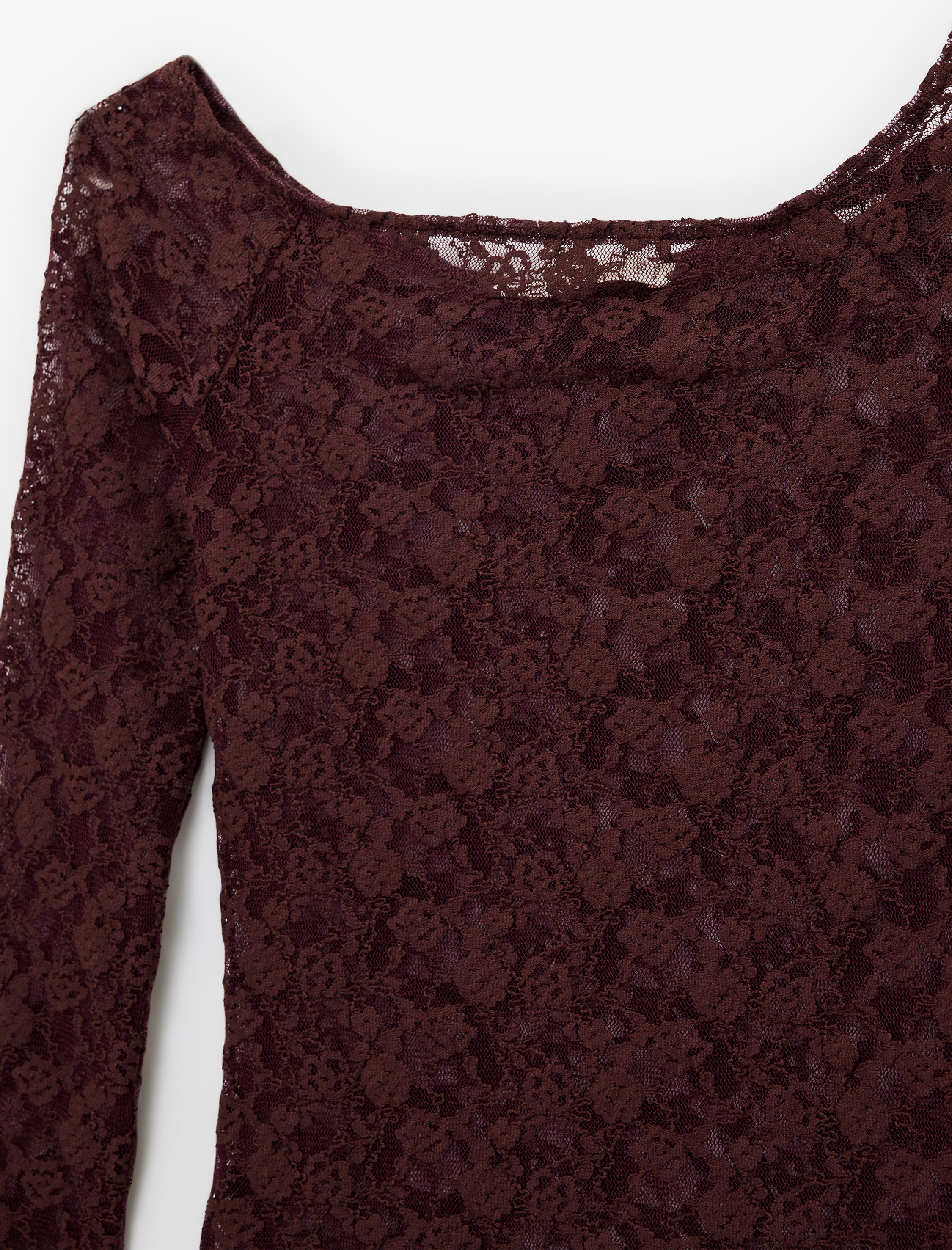   Uzun Kollu Kayık Yaka Slim Fit Dantel Tişört