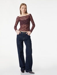 Uzun Kollu Kayık Yaka Slim Fit Dantel Tişört