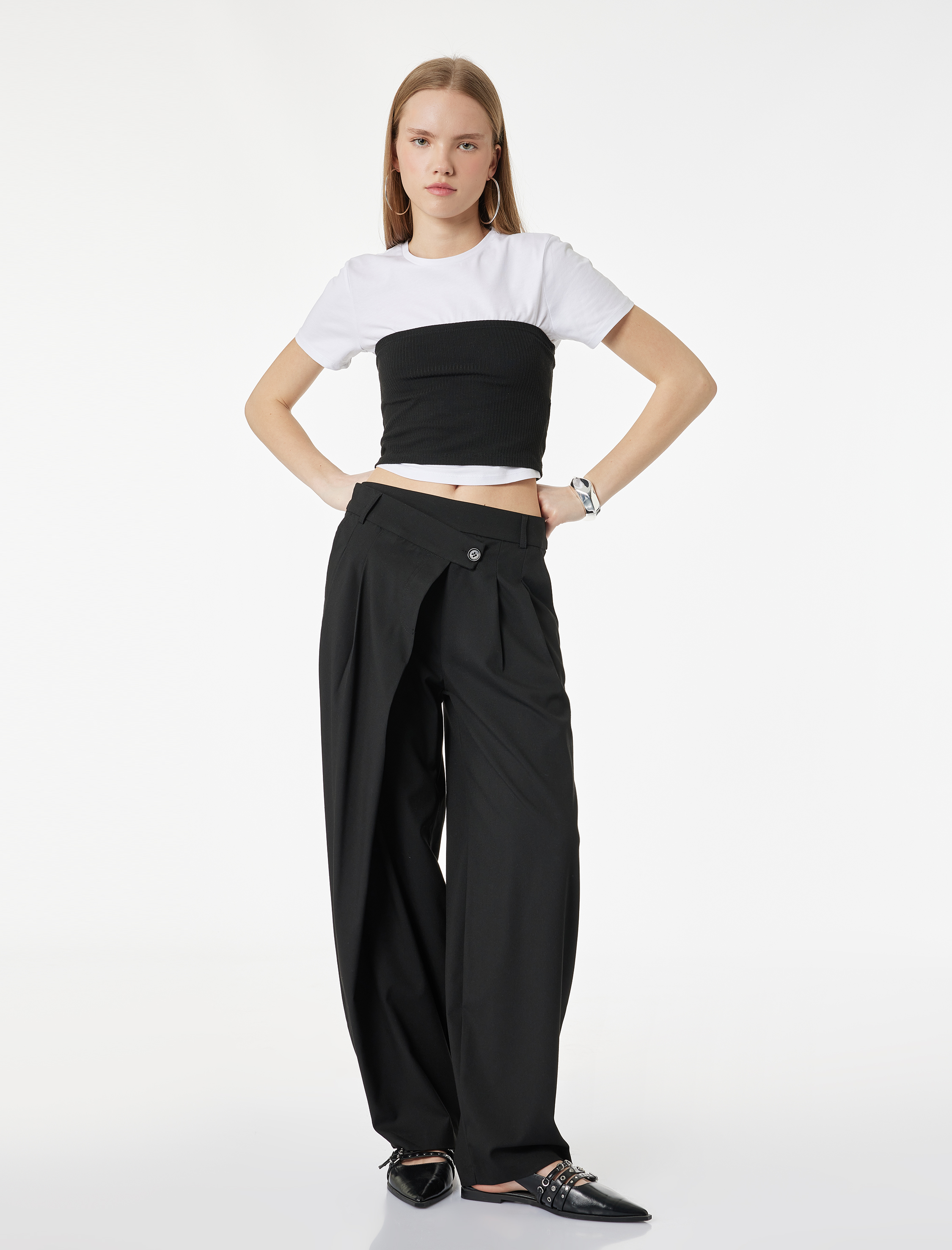   Asimetrik Düğmeli Düz Paça Cep Detaylı Viskon Karışımlı Pantolon