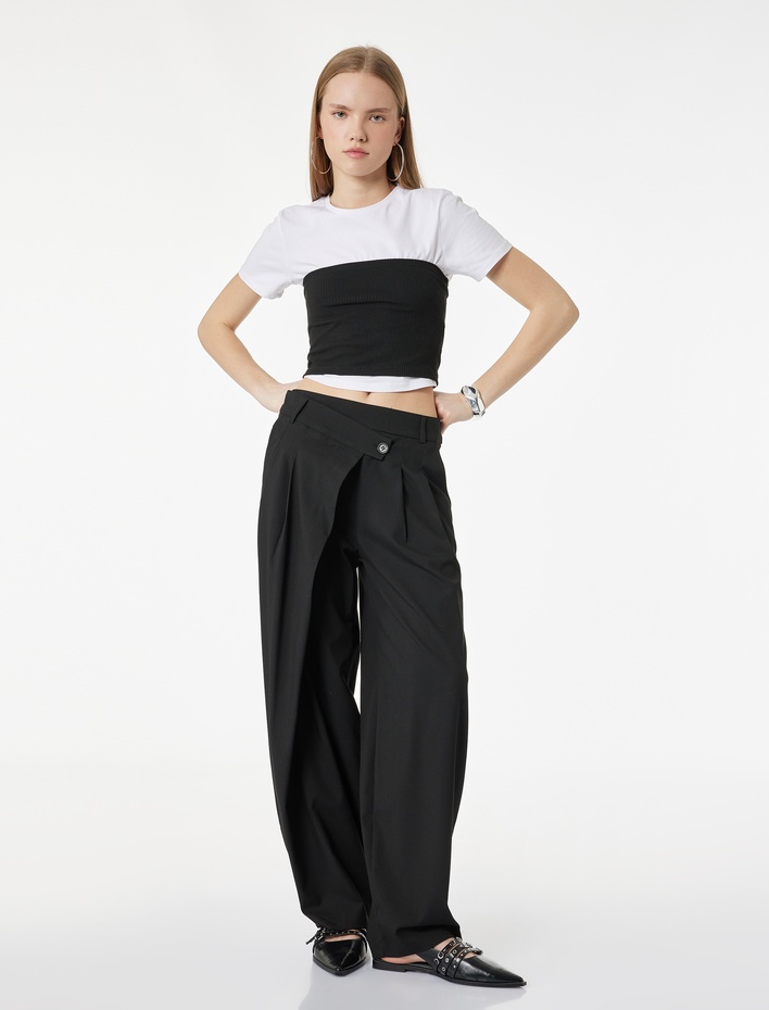  Asimetrik Düğmeli Düz Paça Cep Detaylı Viskon Karışımlı Pantolon