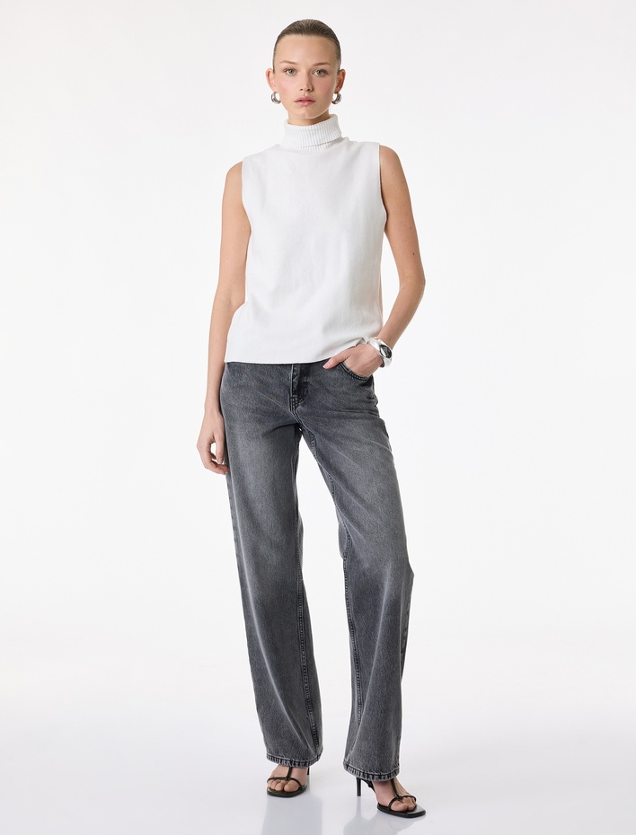  Pamuklu Cepli Düğmeli Düz Paça Yıkamalı Jean Pantolon - Straight Fit Jean