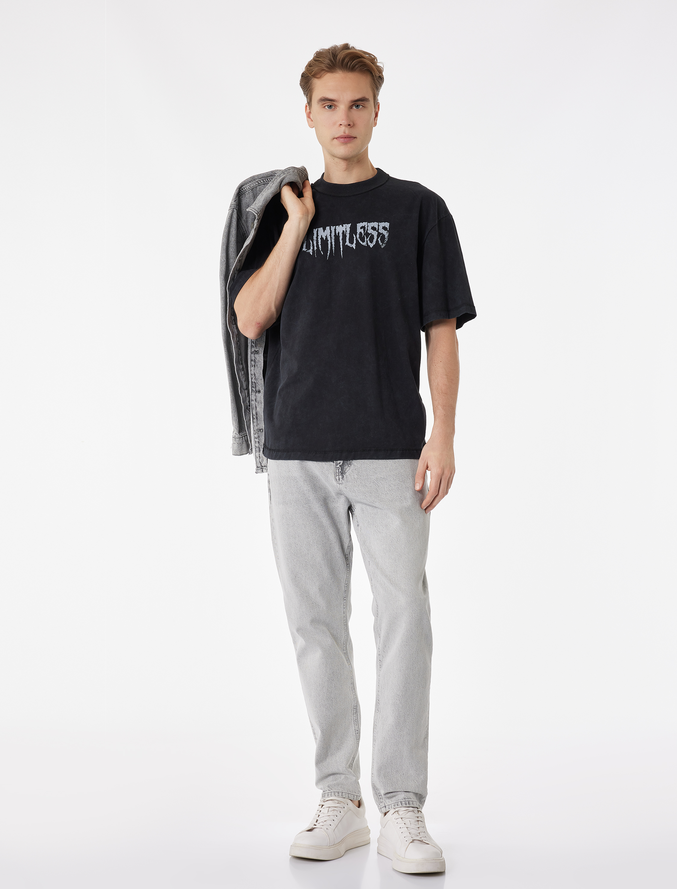   Kısa Kollu Yıkamalı Bisiklet Yaka Pamuklu Oversize Baskılı Tişört