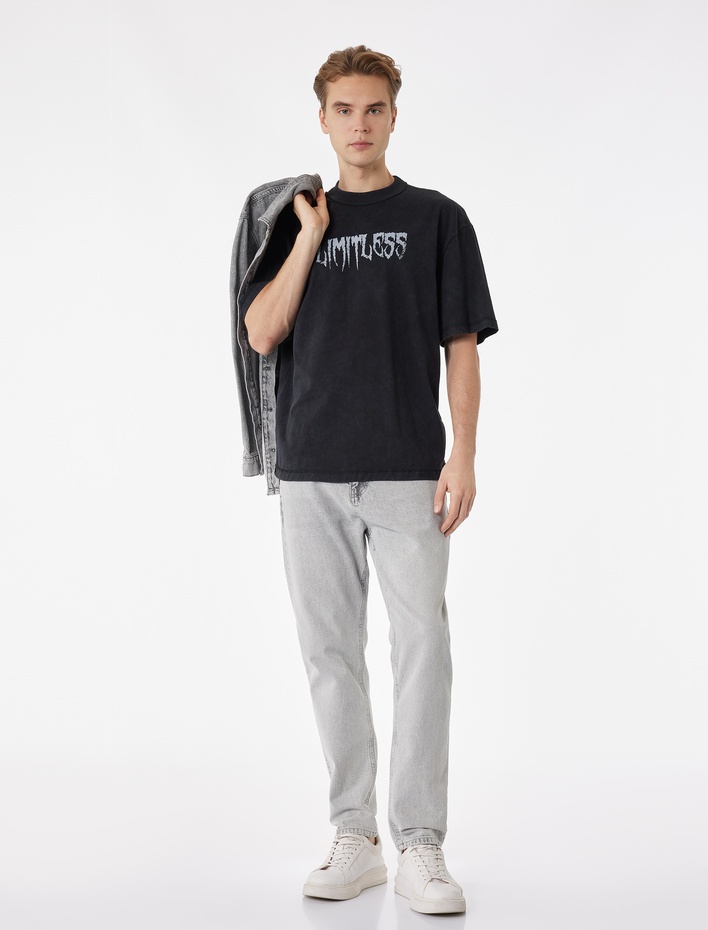  Kısa Kollu Yıkamalı Bisiklet Yaka Pamuklu Oversize Baskılı Tişört