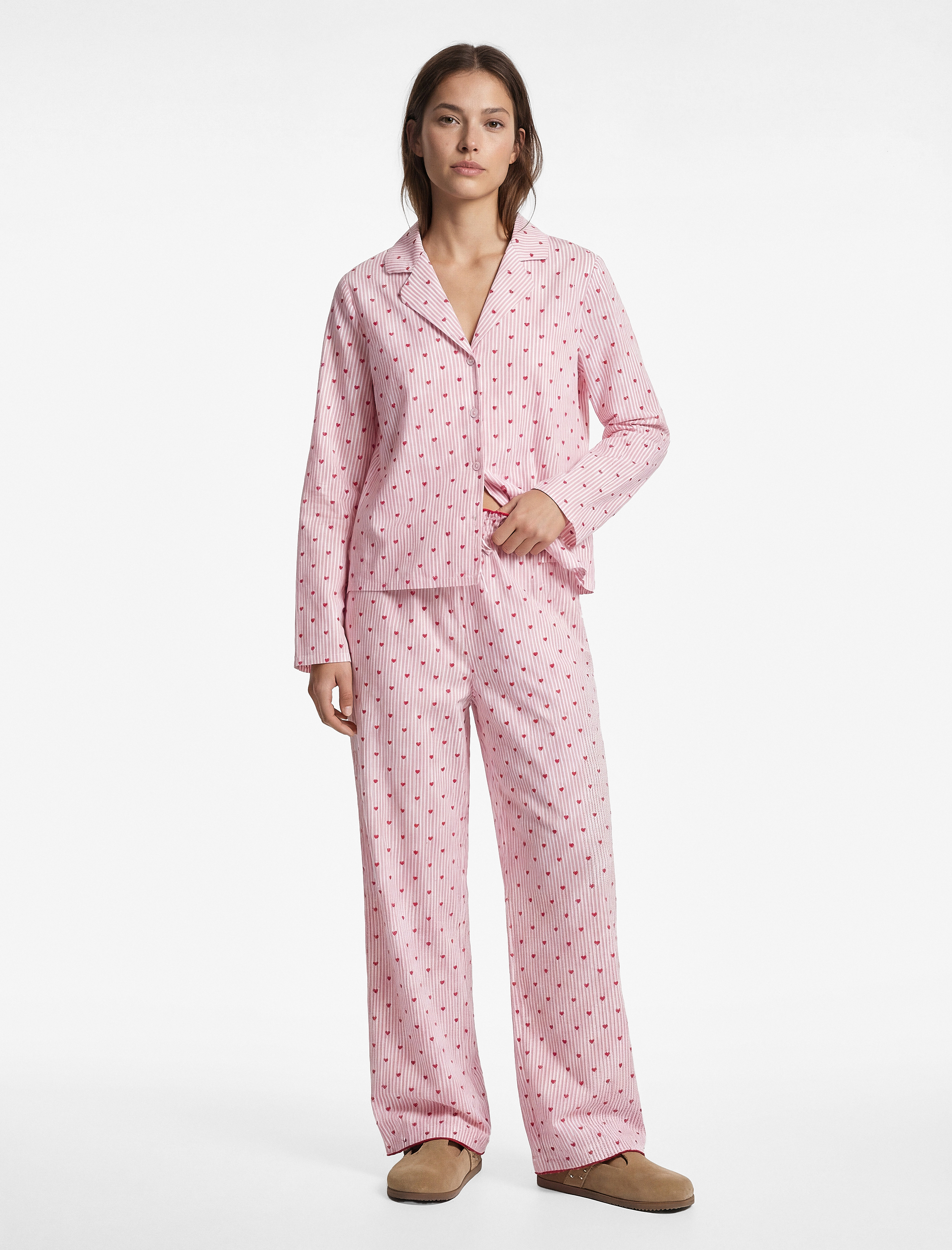   Uzun Kollu Düğmeli Gömlek Yaka Kalpli Çizgili Pijama Üstü