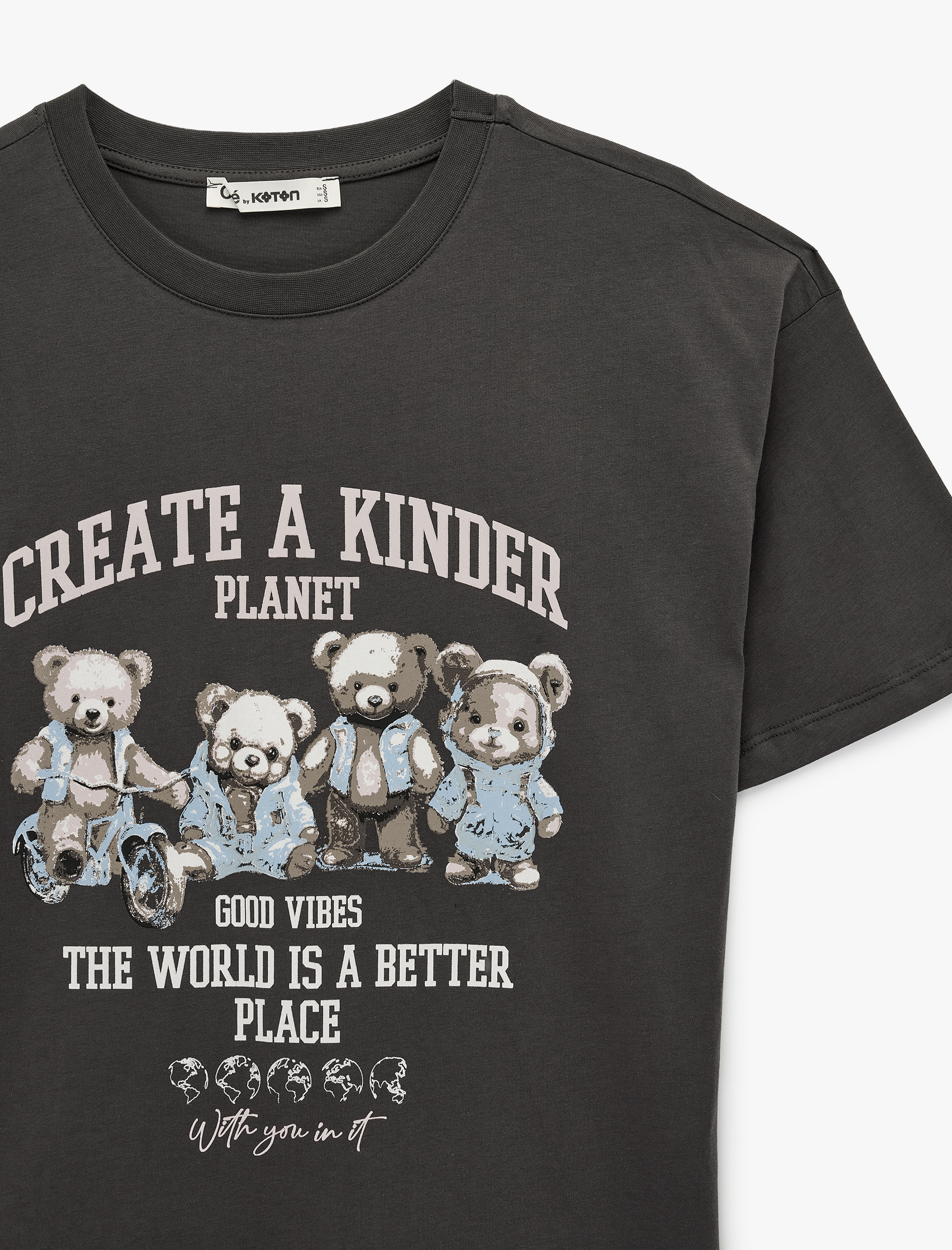   Oversize Kısa Kollu Bisiklet Yaka Ayıcık Baskılı Tişört