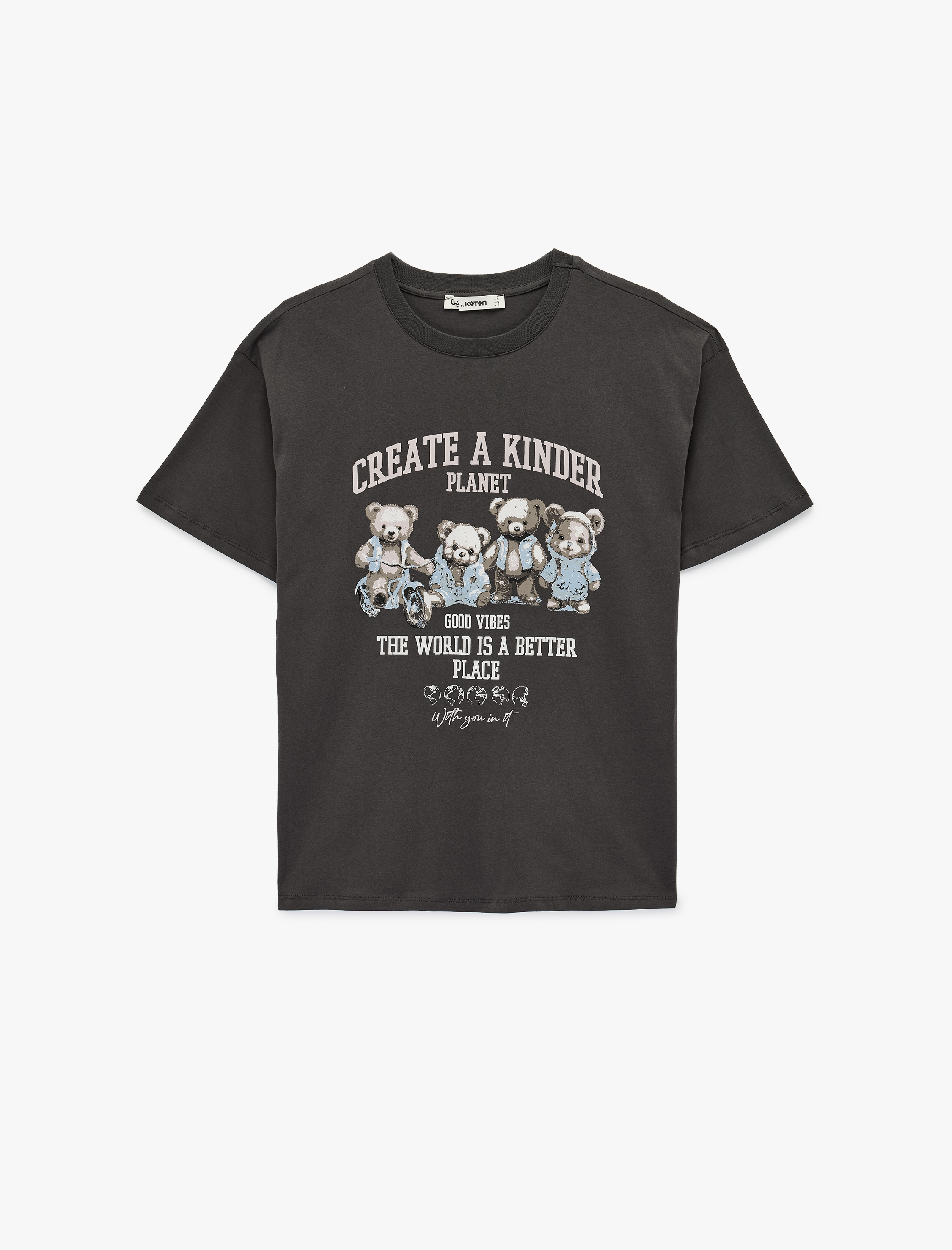   Oversize Kısa Kollu Bisiklet Yaka Ayıcık Baskılı Tişört