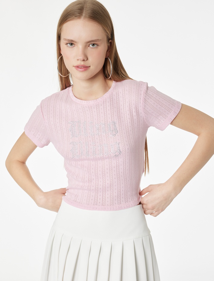  Slim Fit Kısa Kollu Taş Detaylı Bisiklet Yaka Tişört