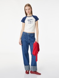 Baskılı Kısa Kollu Bisiklet Yaka Pamuklu Tişört