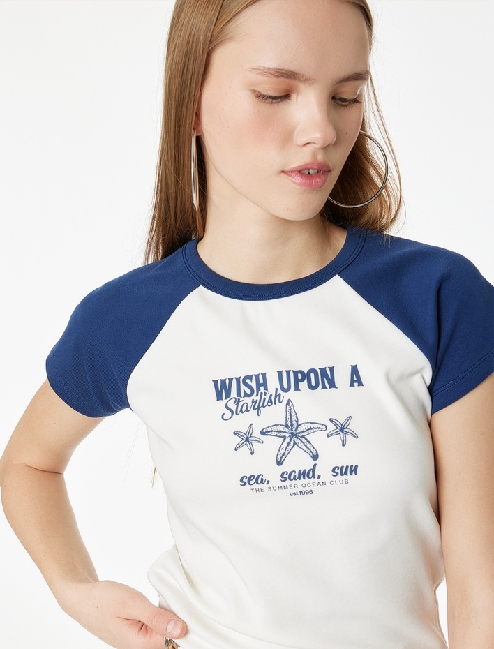  Baskılı Kısa Kollu Bisiklet Yaka Pamuklu Tişört