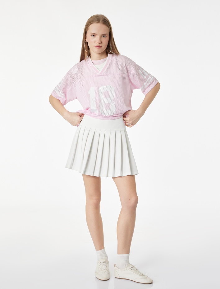  Oversize V Yaka Kısa Kollu Baskılı File Tişört