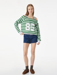 Rahat Kalıp Uzun Kollu Çizgili Kayık Yaka Baskılı Sweatshirt