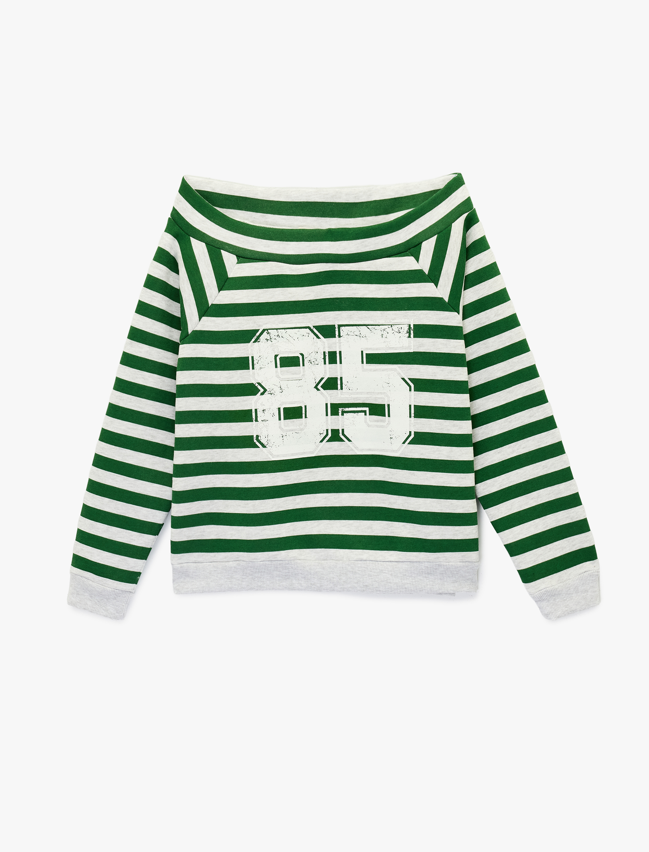   Rahat Kalıp Uzun Kollu Çizgili Kayık Yaka Baskılı Sweatshirt