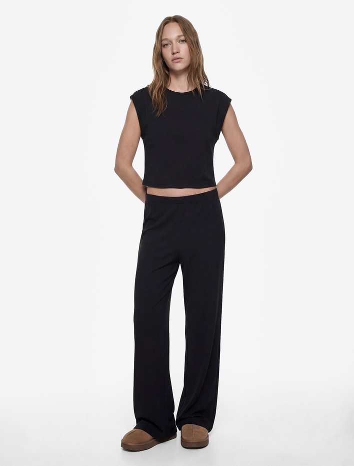  Bisiklet Yaka Modal Karışımlı Kısa Kollu Pijama Üstü