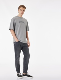 Pamuklu Kısa Kollu Yıkamalı Bisiklet Yaka Oversize Baskılı Tişört