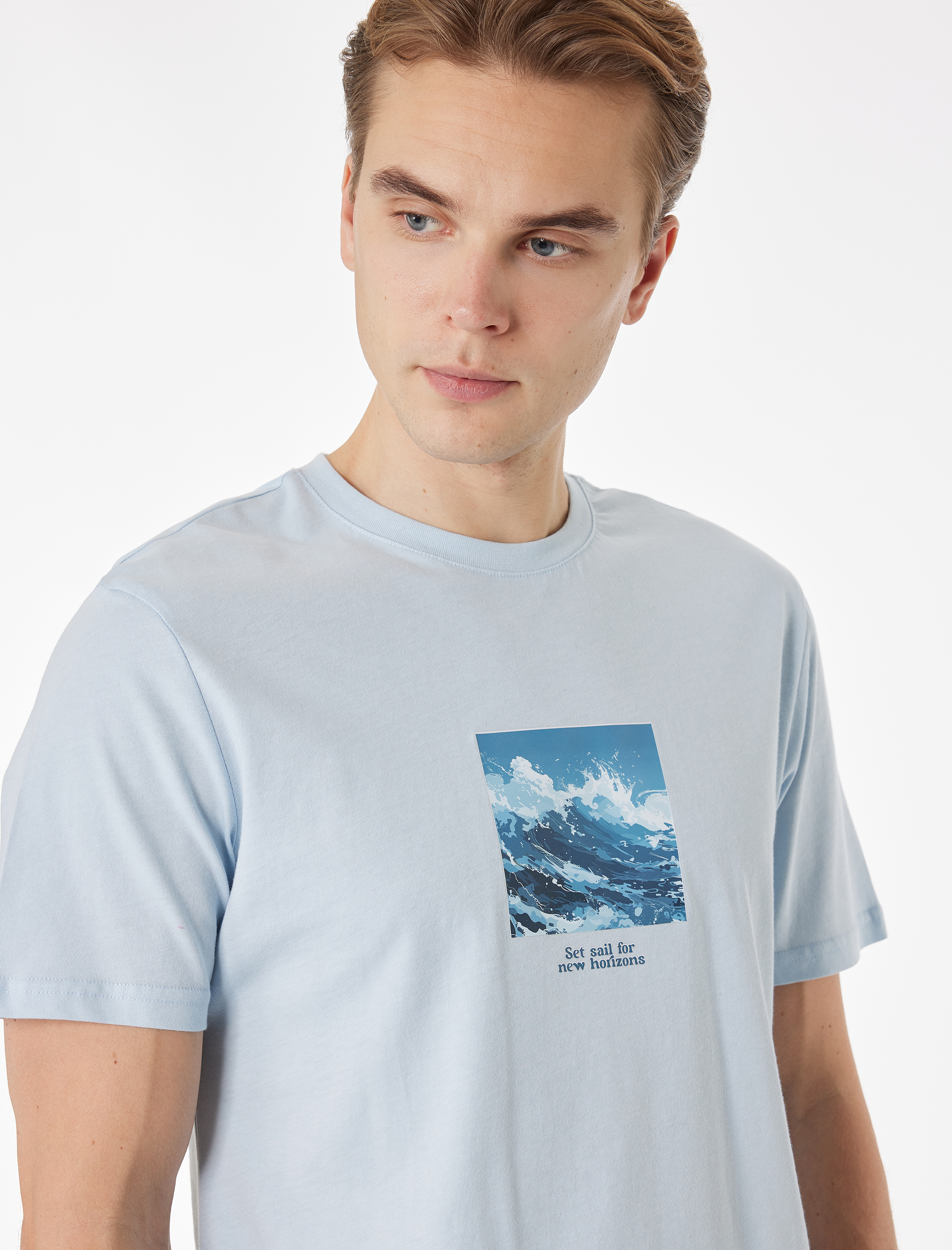   Regular Fit Dikiş Detaylı Kısa Kollu Pamuklu Bisiklet Yaka Baskılı Tişört