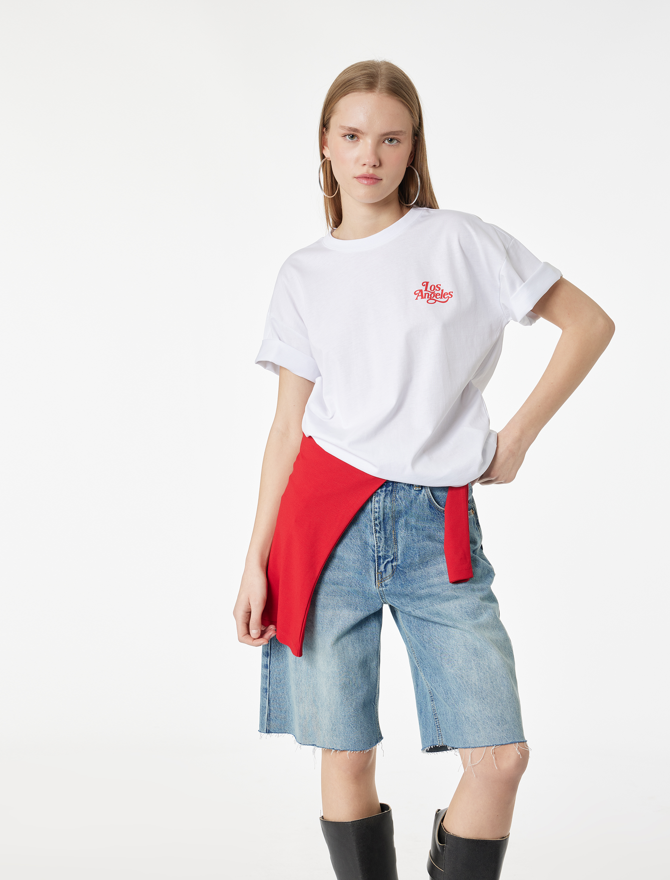   Kısa Kollu Bisiklet Yaka Pamuklu Arkası Baskılı Oversize Tişört