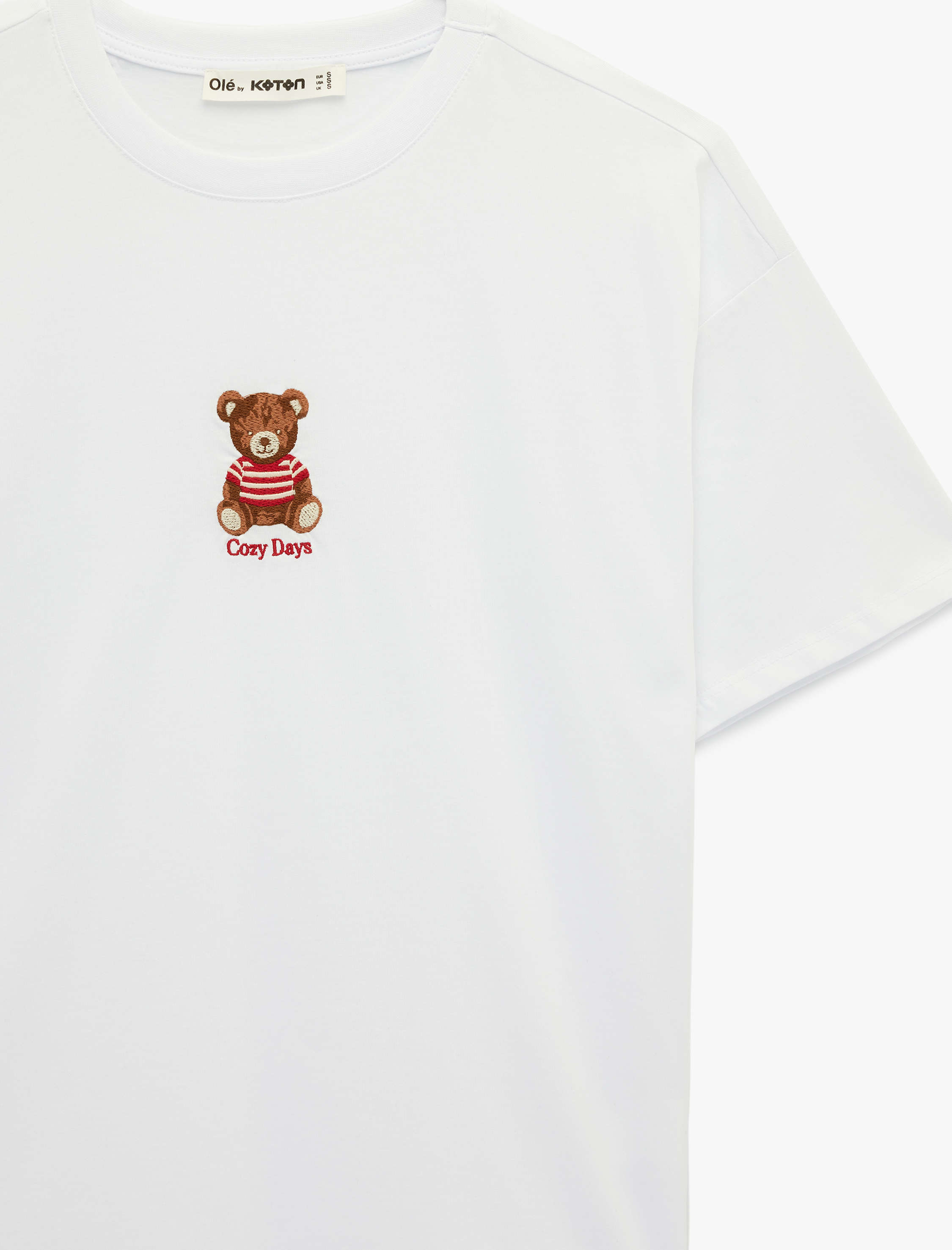   Kısa Kollu Ayıcık Nakışlı Bisiklet Yaka Oversize Tişört