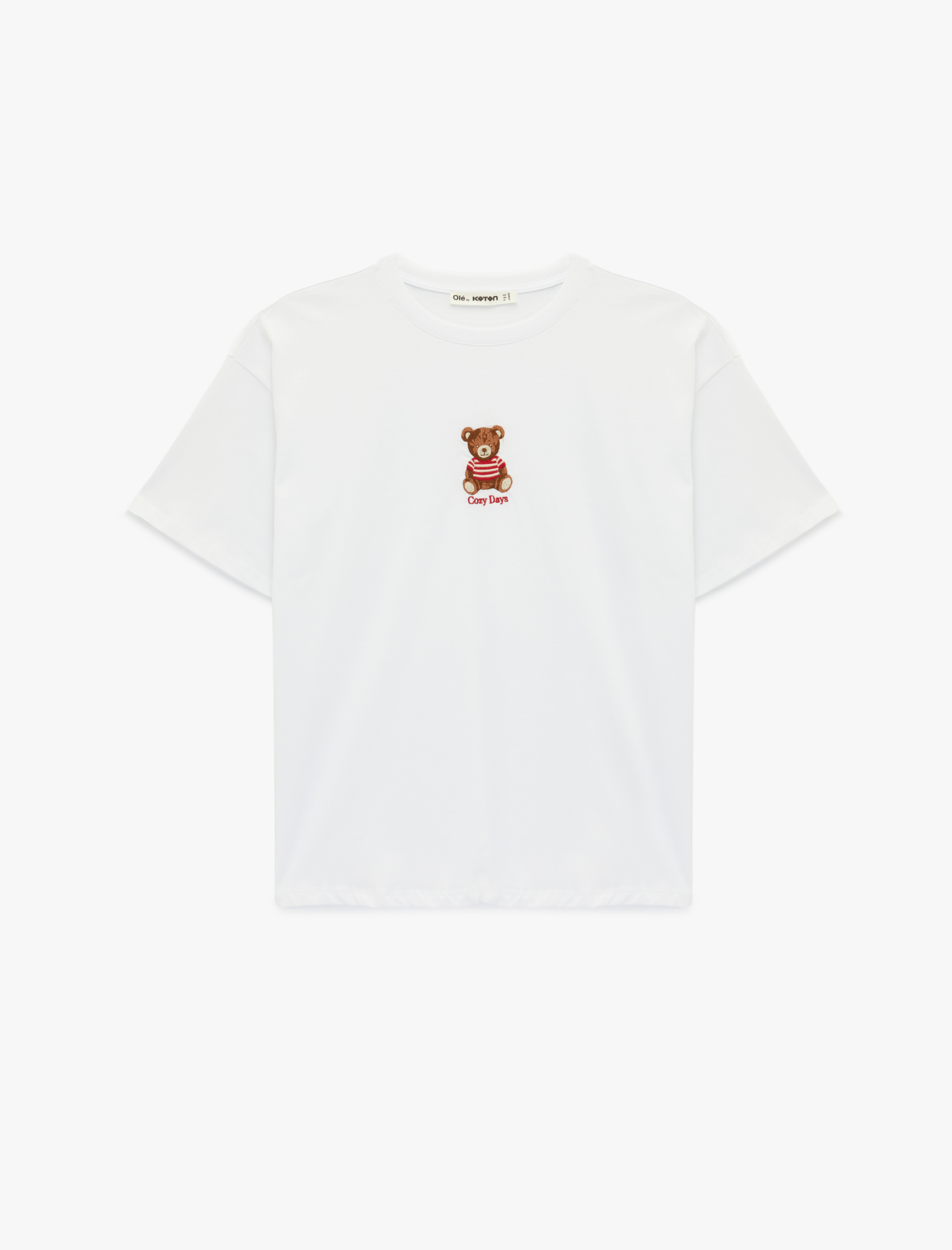   Kısa Kollu Ayıcık Nakışlı Bisiklet Yaka Oversize Tişört