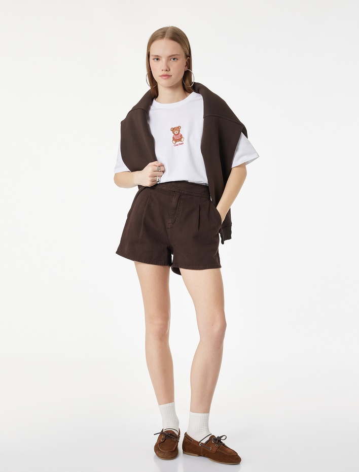  Kısa Kollu Ayıcık Nakışlı Bisiklet Yaka Oversize Tişört