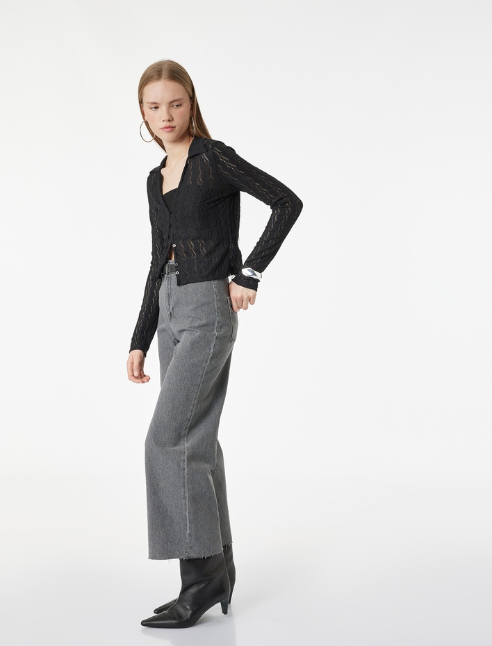  Düğmeli Yüksek Bel Rahat Kesim Denim Pantolon - Culotte Jeans